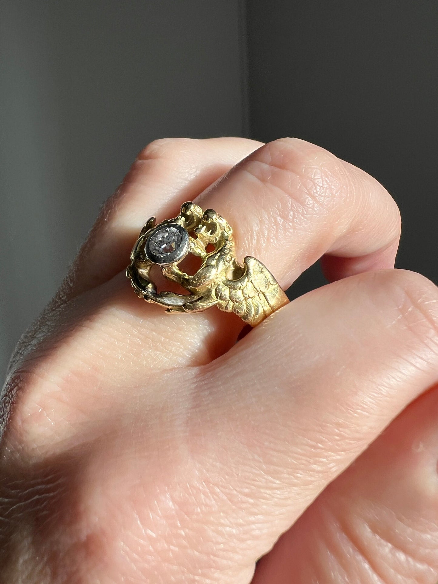 HEAVY Double DRAGON French Antique .3 Ctw Old European Cut DIAMOND RiNG 10g 18k Gold Gift Victorian Figural Belle Epoque Art Nouveau Unisex