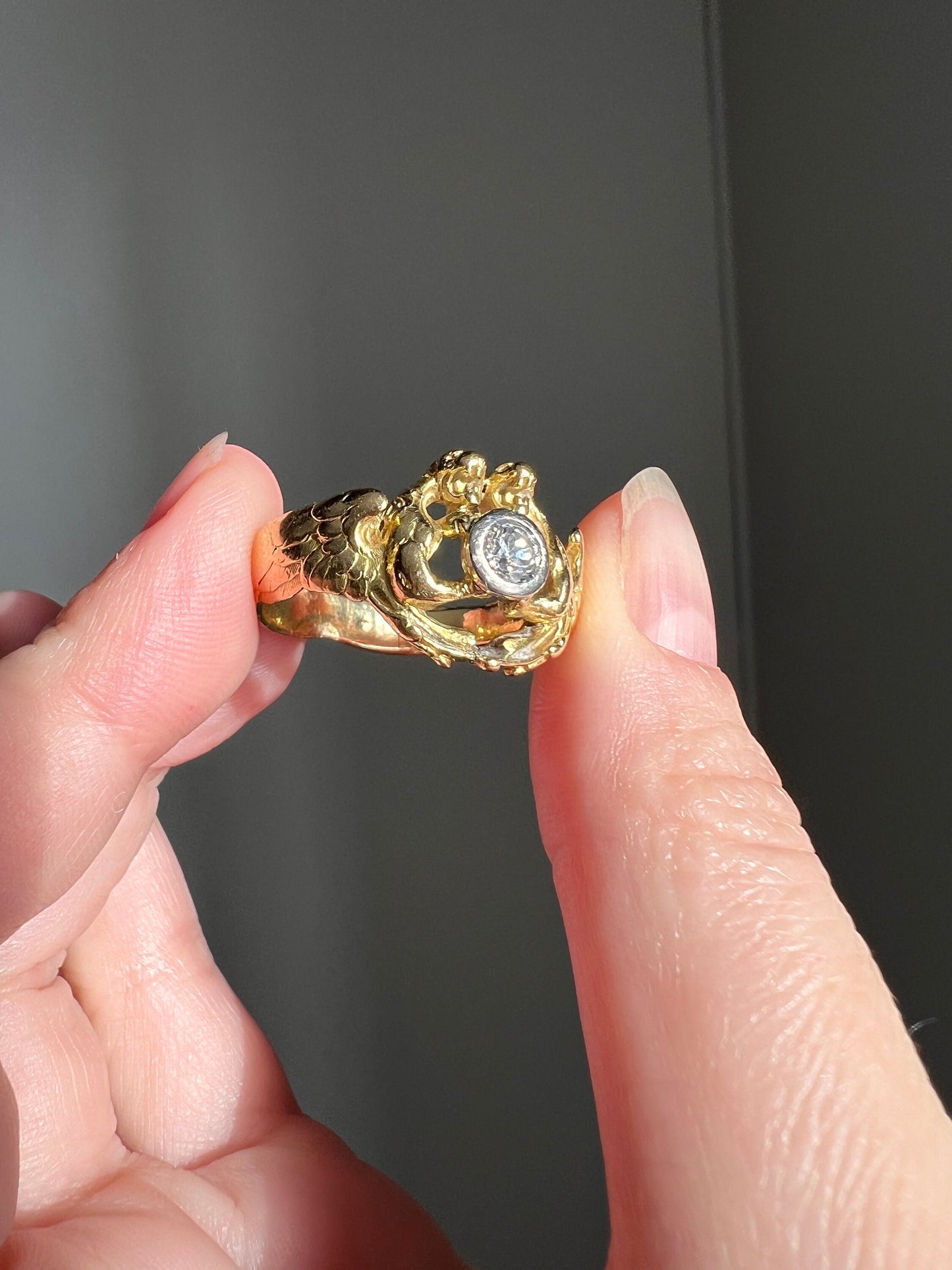 HEAVY Double DRAGON French Antique .3 Ctw Old European Cut DIAMOND RiNG 10g 18k Gold Gift Victorian Figural Belle Epoque Art Nouveau Unisex