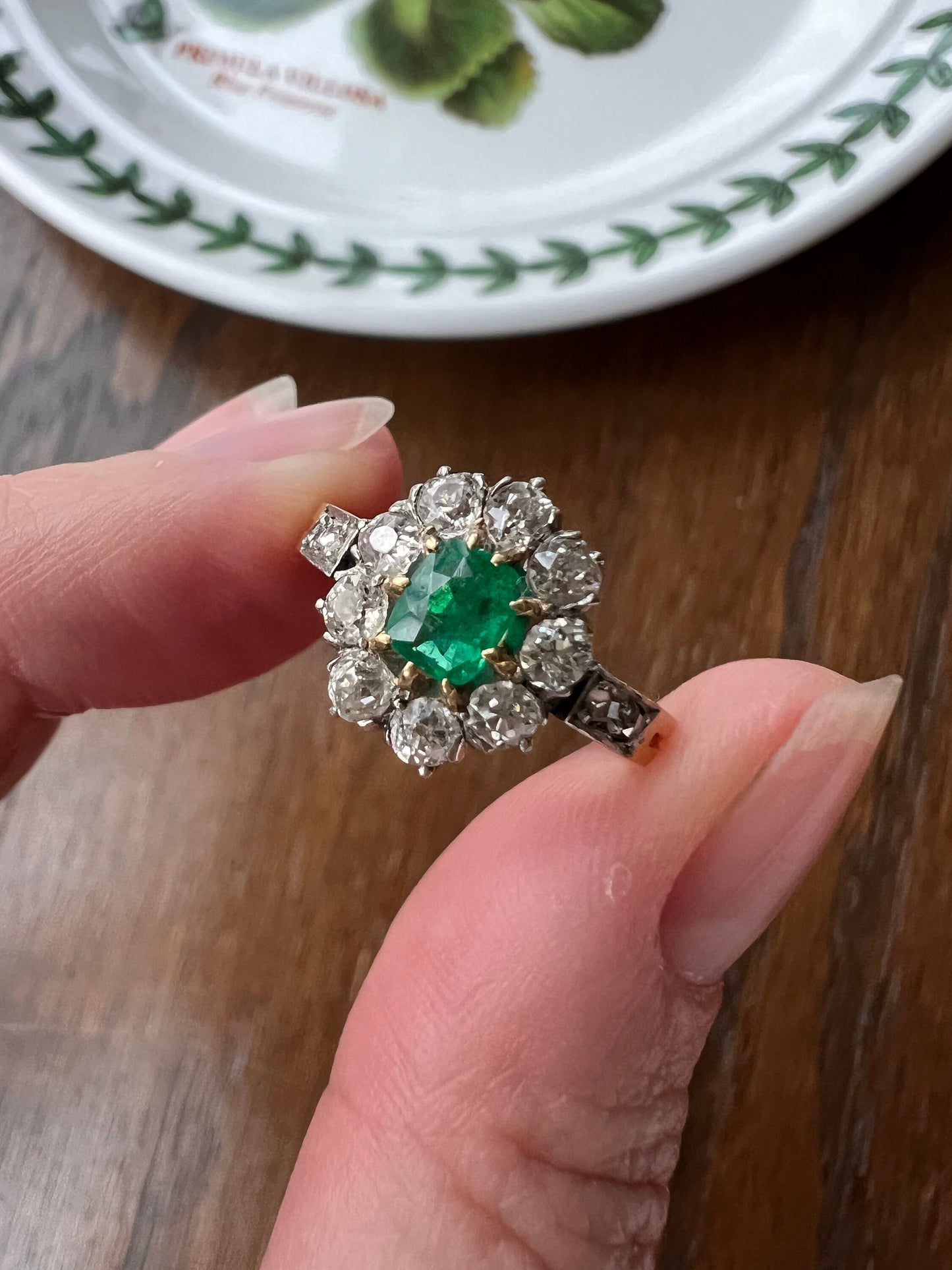 French Antique Natural EMERALD .6Ctw Old Mine Cut Rose DIAMOND Halo Ring 18k Gold Green Belle Epoque Art Nouveau Edwardian Romantic Gift OMC