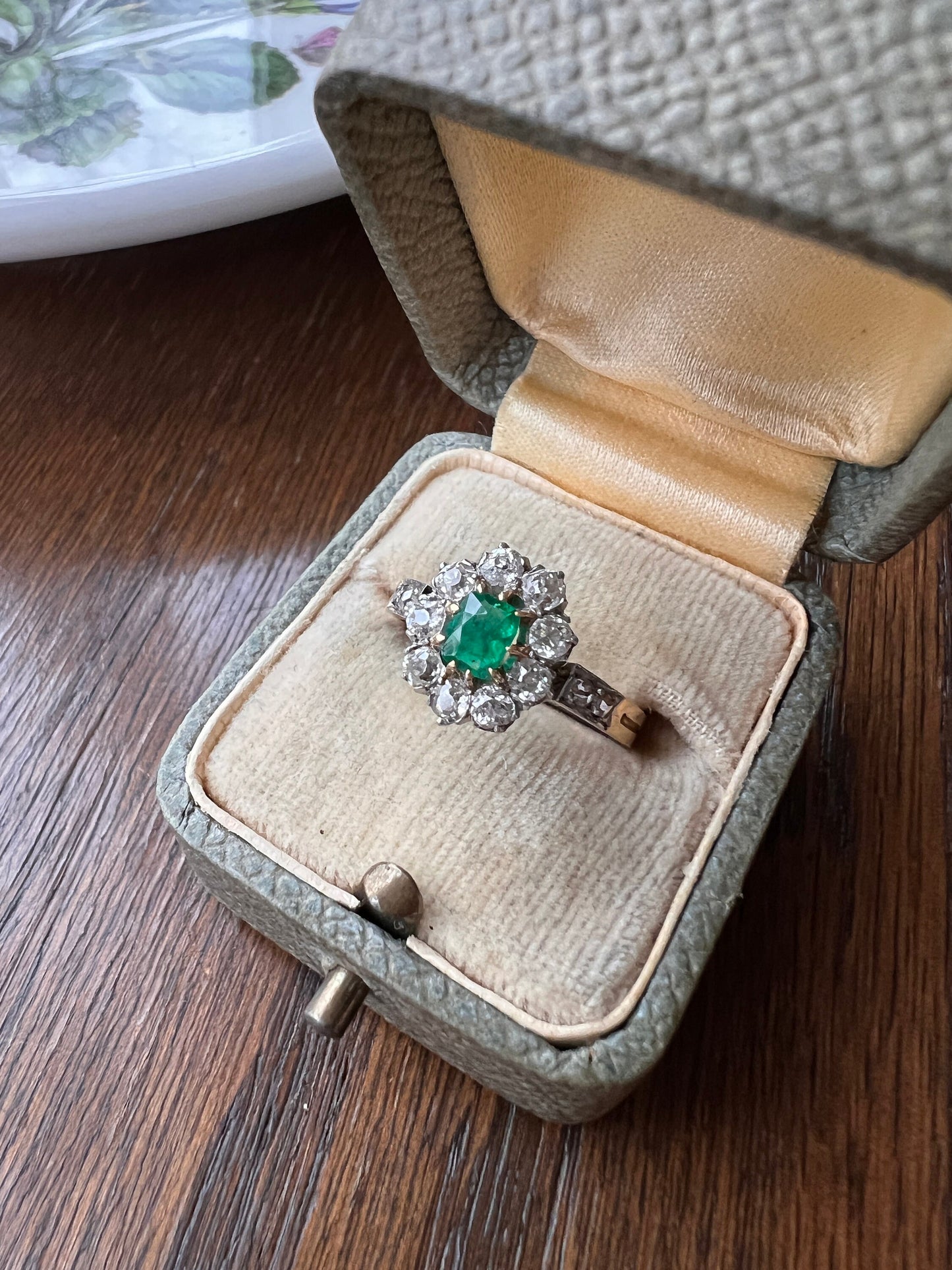 French Antique Natural EMERALD .6Ctw Old Mine Cut Rose DIAMOND Halo Ring 18k Gold Green Belle Epoque Art Nouveau Edwardian Romantic Gift OMC