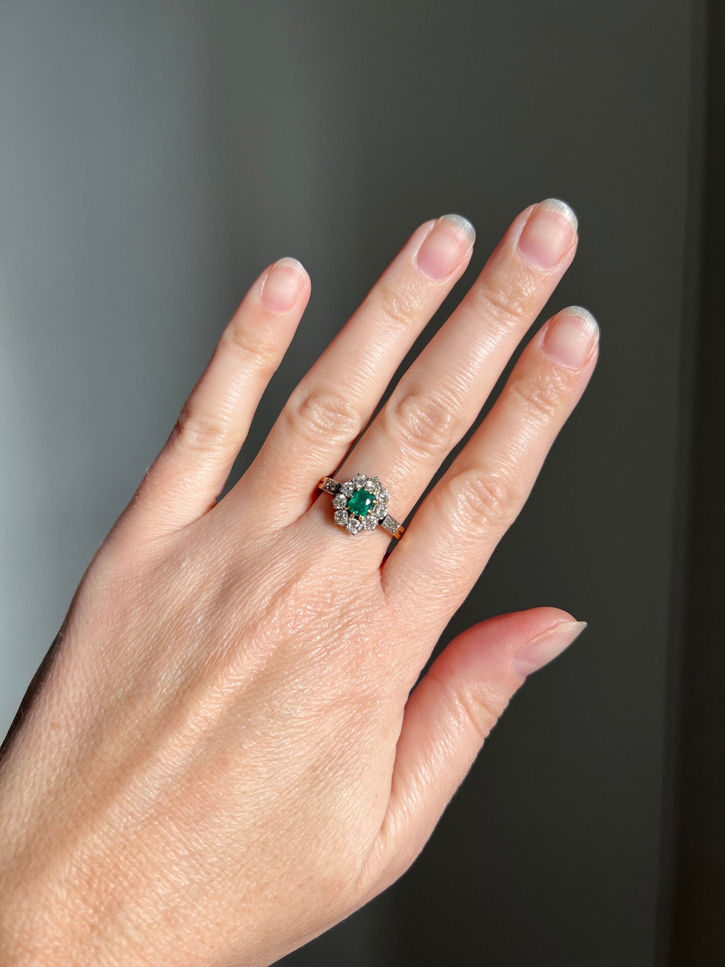 French Antique Natural EMERALD .6Ctw Old Mine Cut Rose DIAMOND Halo Ring 18k Gold Green Belle Epoque Art Nouveau Edwardian Romantic Gift OMC