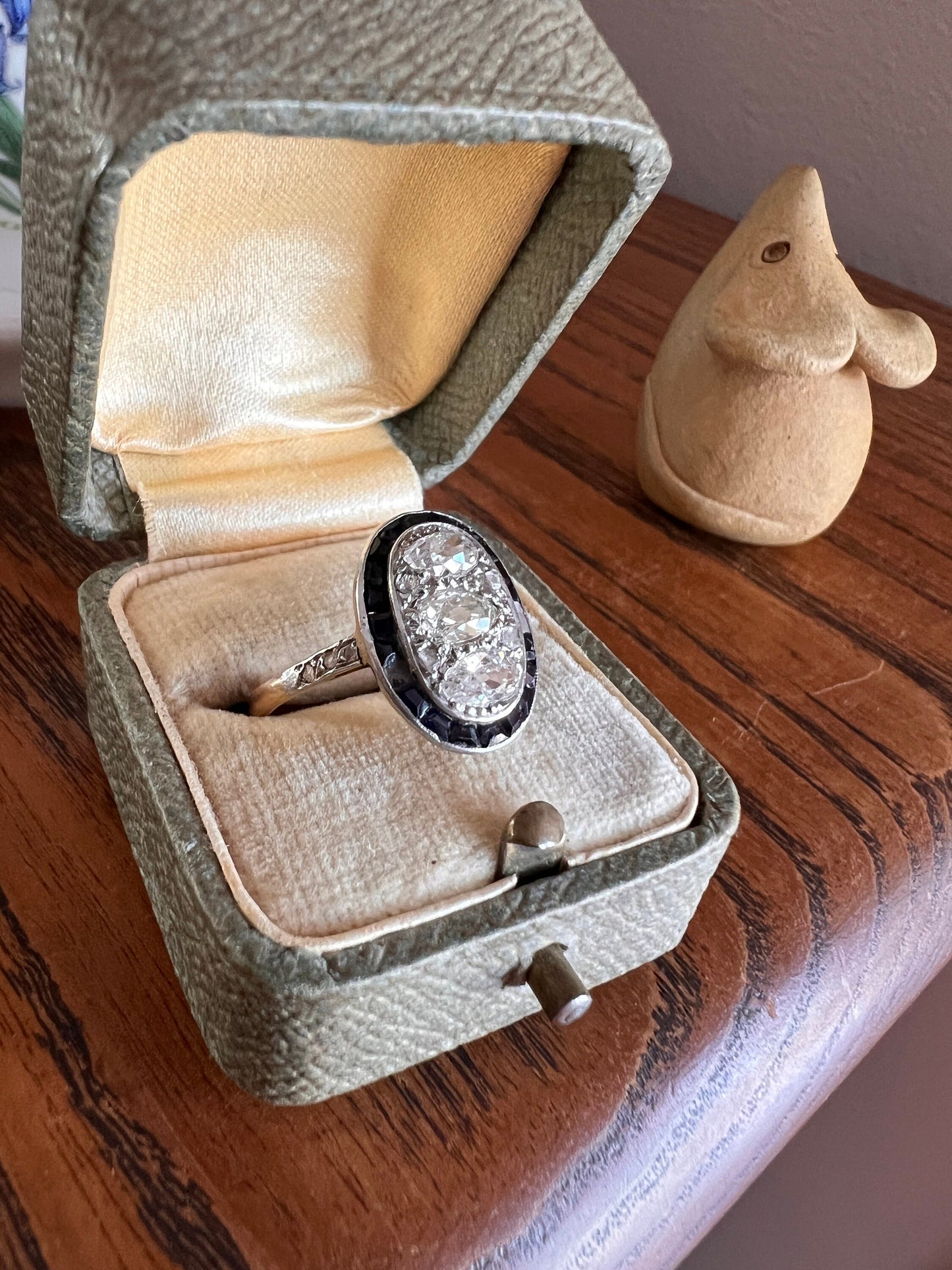 PEAR 1 Carat Old Mine Cut Diamond HALO Ring French Antique 18k Gold Edwardian Carre Square Cut SAPPHIRE Halo Rare Stacker 1 Ctw Tdw OmC Blue
