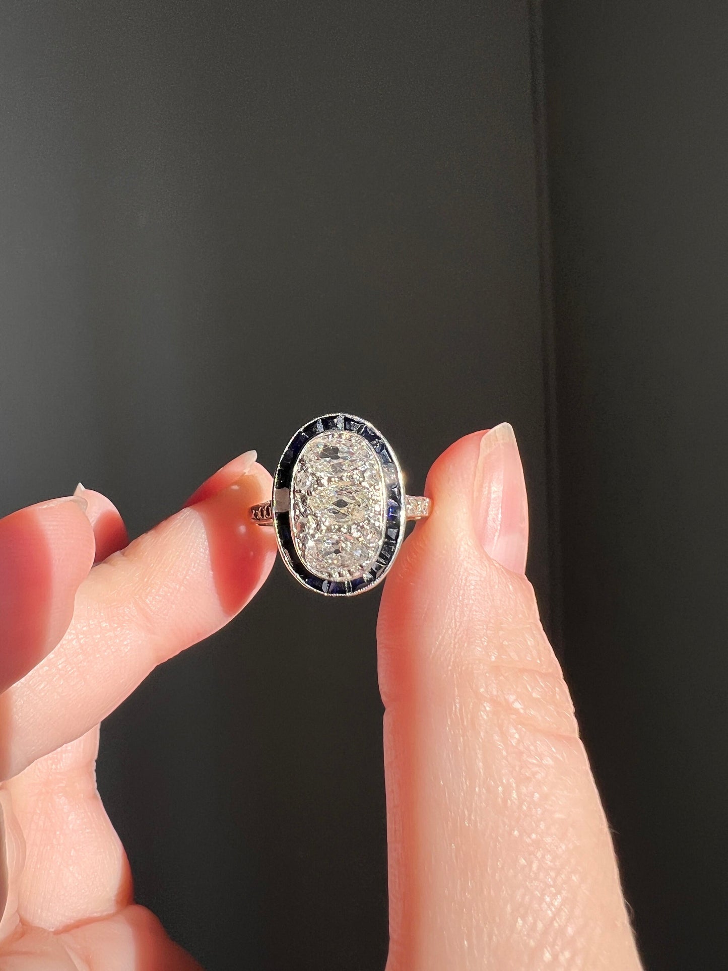 PEAR 1 Carat Old Mine Cut Diamond HALO Ring French Antique 18k Gold Edwardian Carre Square Cut SAPPHIRE Halo Rare Stacker 1 Ctw Tdw OmC Blue