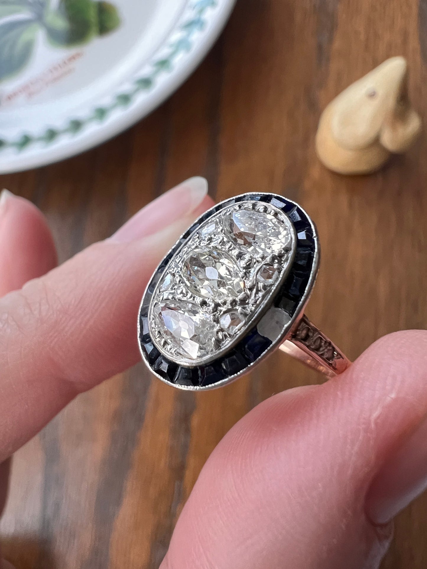PEAR 1 Carat Old Mine Cut Diamond HALO Ring French Antique 18k Gold Edwardian Carre Square Cut SAPPHIRE Halo Rare Stacker 1 Ctw Tdw OmC Blue