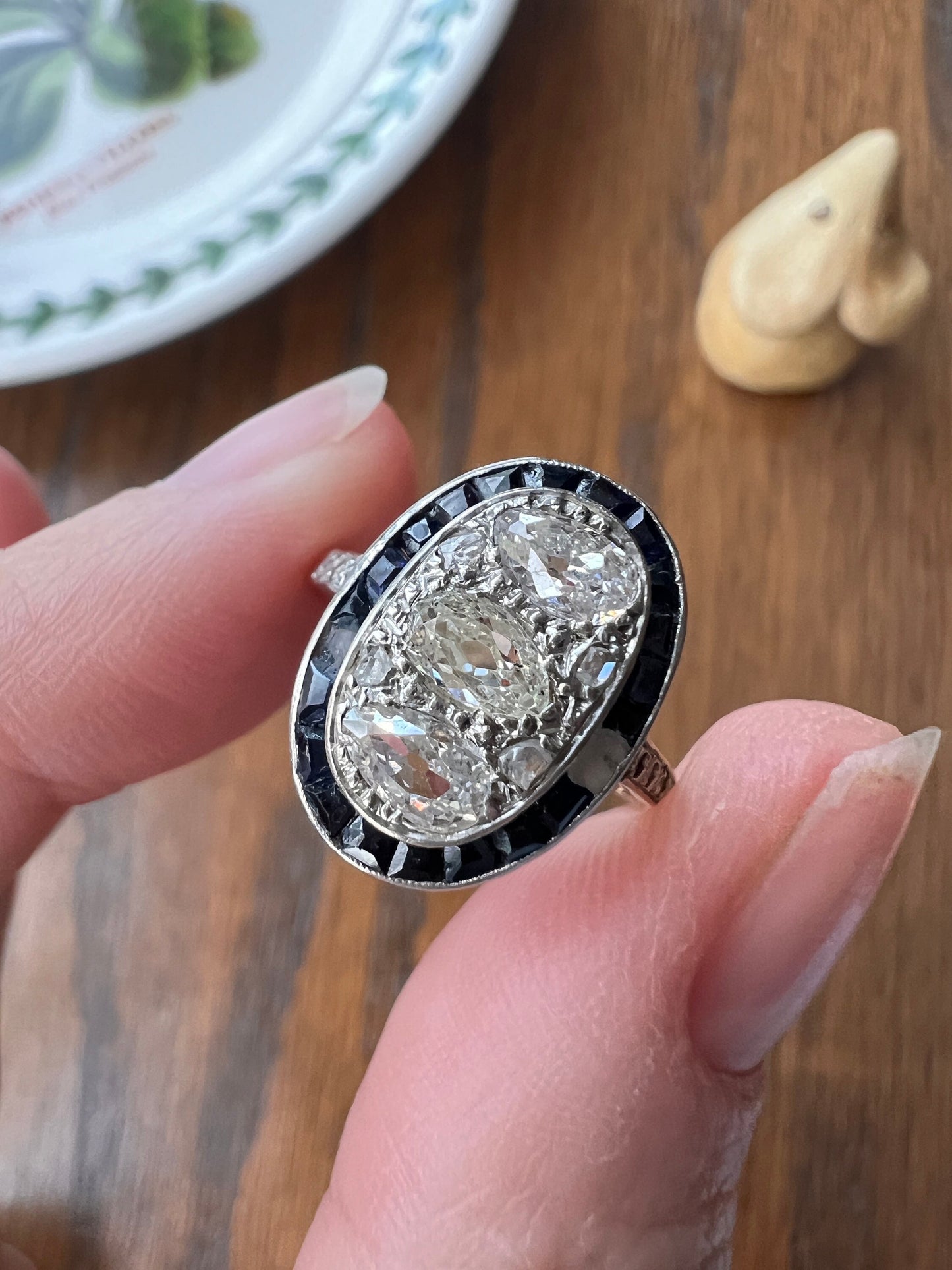 PEAR 1 Carat Old Mine Cut Diamond HALO Ring French Antique 18k Gold Edwardian Carre Square Cut SAPPHIRE Halo Rare Stacker 1 Ctw Tdw OmC Blue