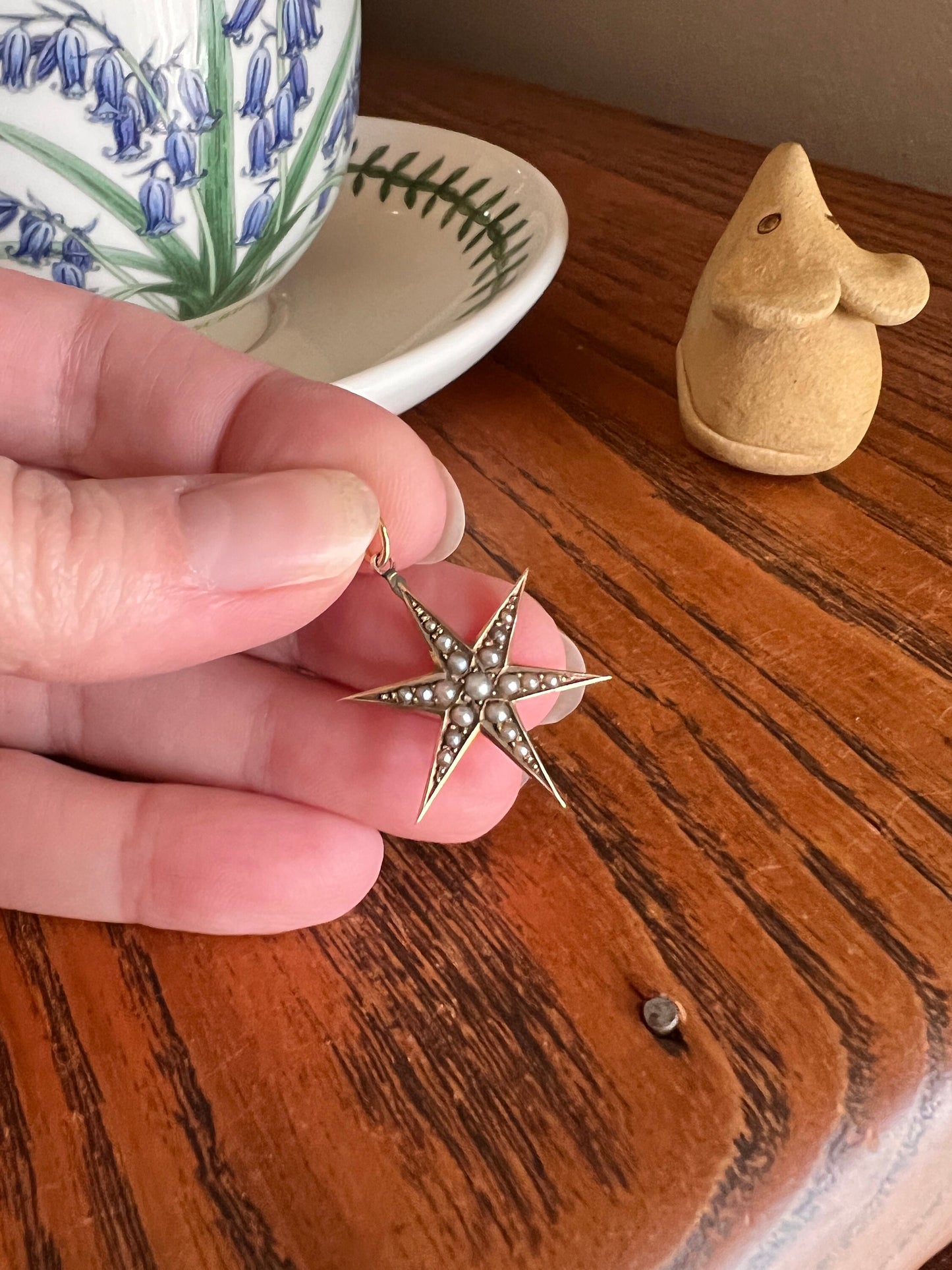 STAR Figural Seed Pearl Pendant Victorian ANTIQUE 9k Gold Romantic Gift Starburst Neckmess Neckstack Not 10k Edwardian Bridal Something Old