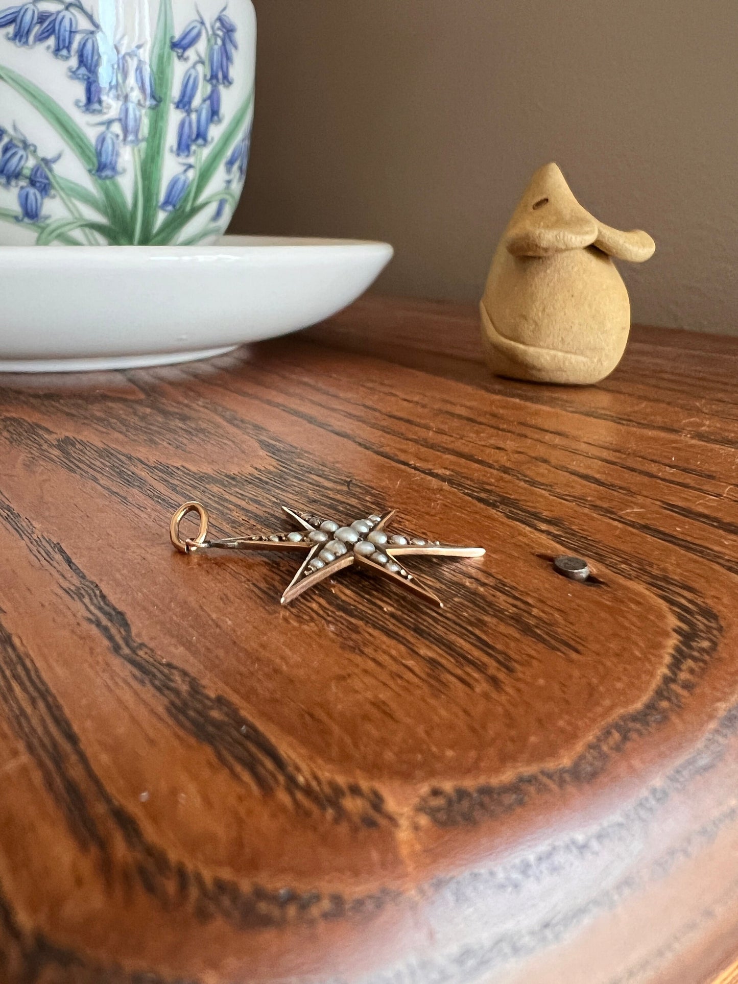 STAR Figural Seed Pearl Pendant Victorian ANTIQUE 9k Gold Romantic Gift Starburst Neckmess Neckstack Not 10k Edwardian Bridal Something Old