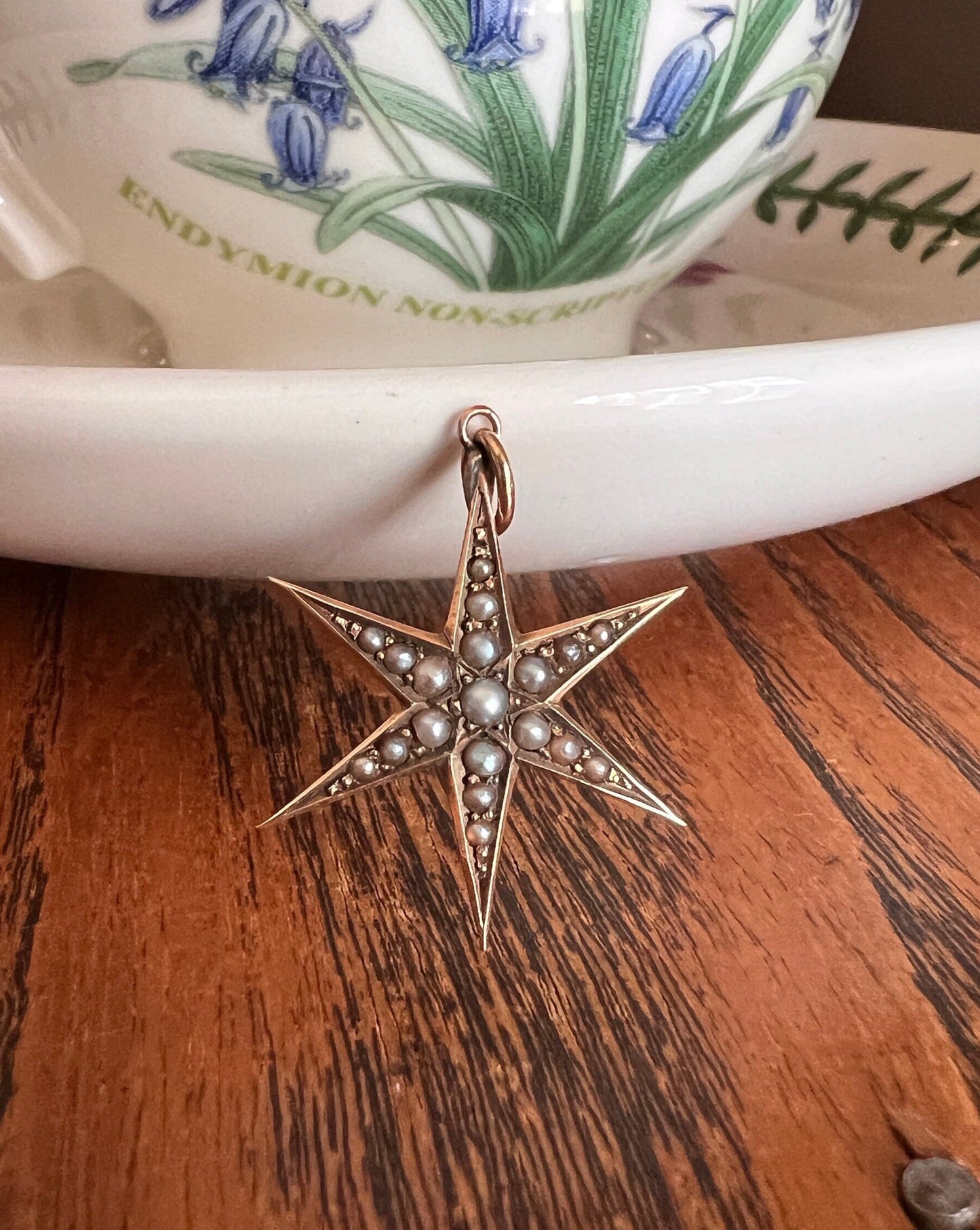 STAR Figural Seed Pearl Pendant Victorian ANTIQUE 9k Gold Romantic Gift Starburst Neckmess Neckstack Not 10k Edwardian Bridal Something Old