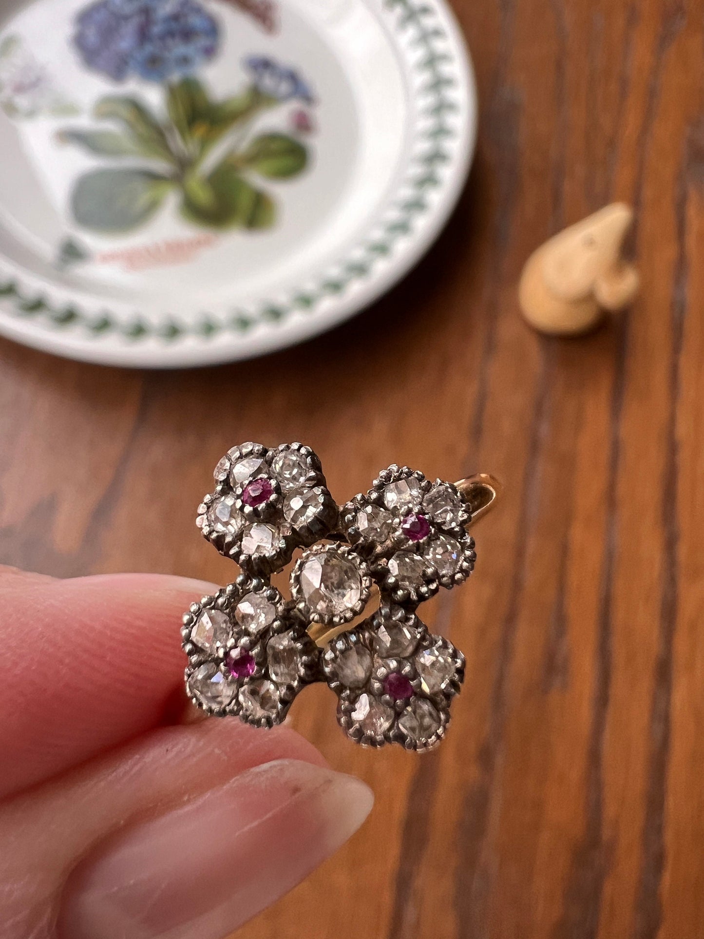 Cruciform FLORAL Rose Old Mine Cut DIAMOND Encrusted Ring Ruby Center French Georgian Victorian Antique 18k Gold 3D Unique Forget Me Not OmC