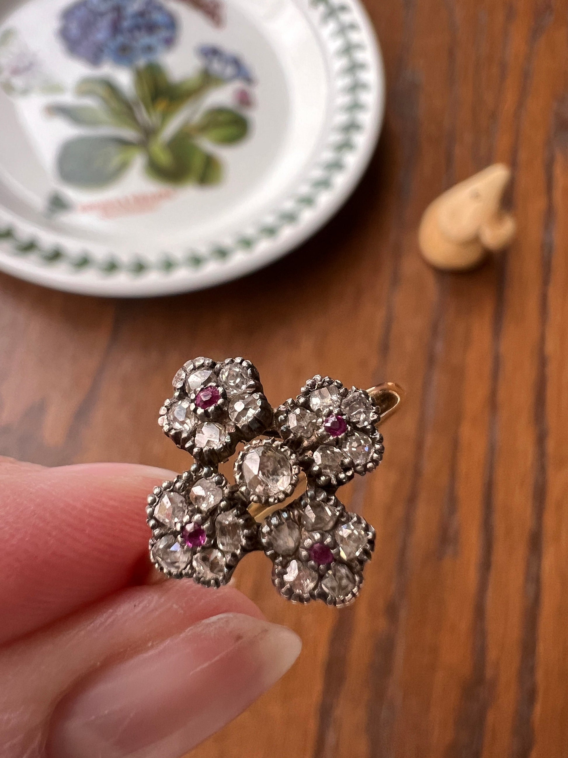Cruciform FLORAL Rose Old Mine Cut DIAMOND Encrusted Ring Ruby Center French Georgian Victorian Antique 18k Gold 3D Unique Forget Me Not OmC