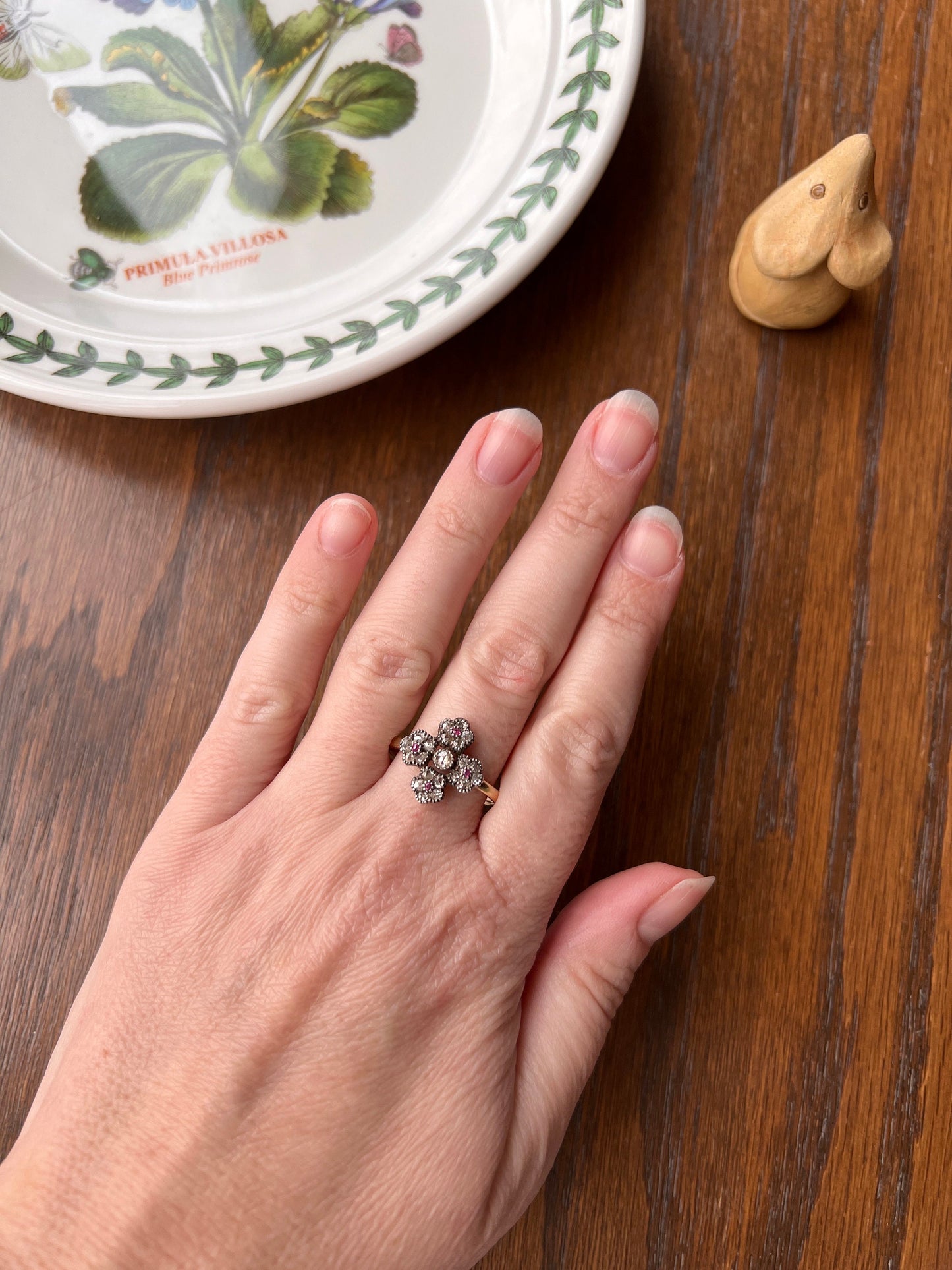 Cruciform FLORAL Rose Old Mine Cut DIAMOND Encrusted Ring Ruby Center French Georgian Victorian Antique 18k Gold 3D Unique Forget Me Not OmC