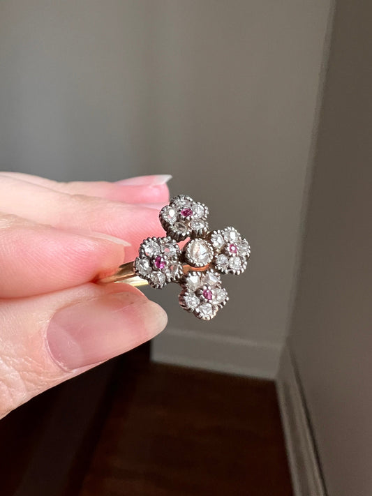Cruciform FLORAL Rose Old Mine Cut DIAMOND Encrusted Ring Ruby Center French Georgian Victorian Antique 18k Gold 3D Unique Forget Me Not OmC