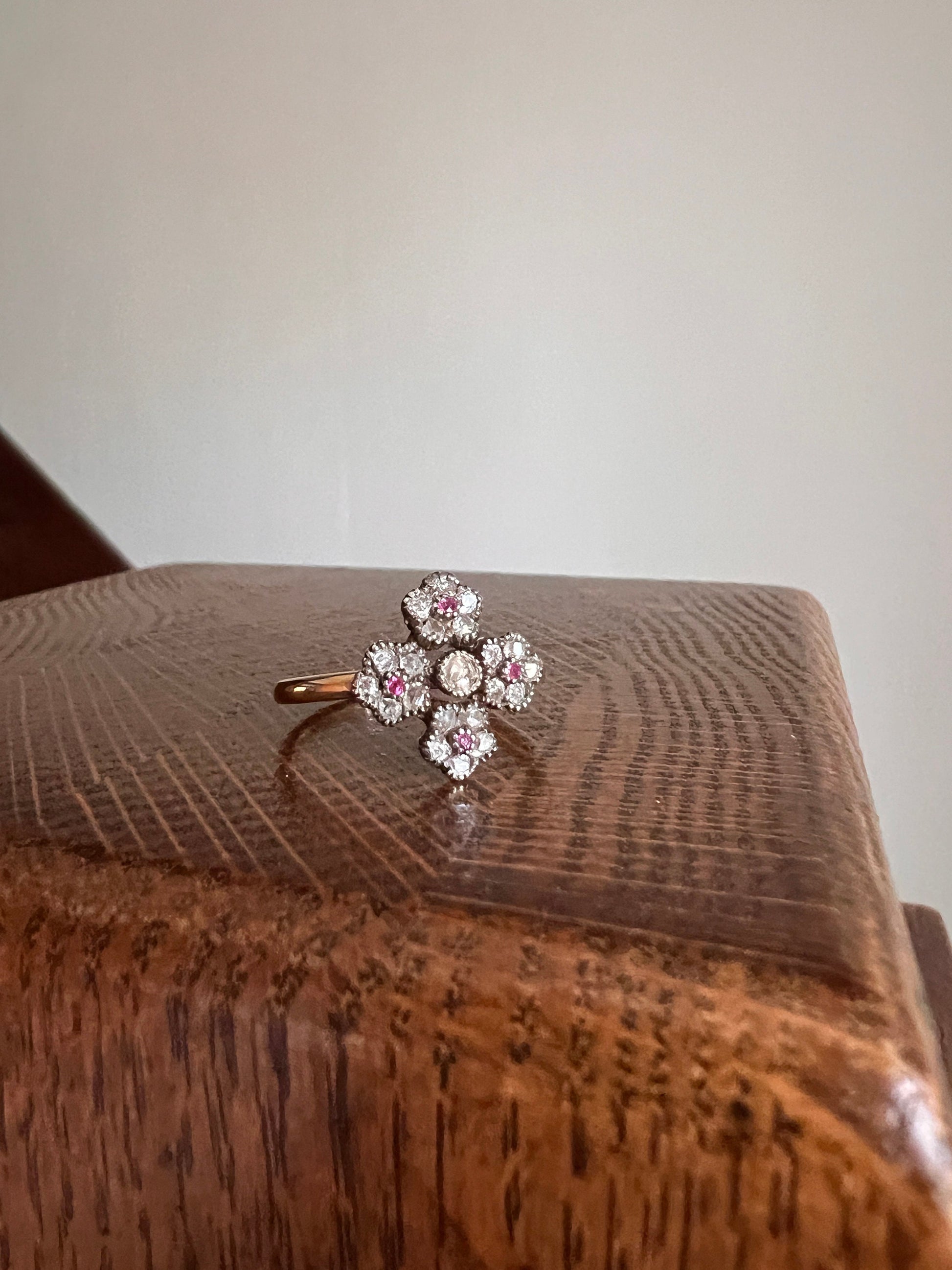 Cruciform FLORAL Rose Old Mine Cut DIAMOND Encrusted Ring Ruby Center French Georgian Victorian Antique 18k Gold 3D Unique Forget Me Not OmC