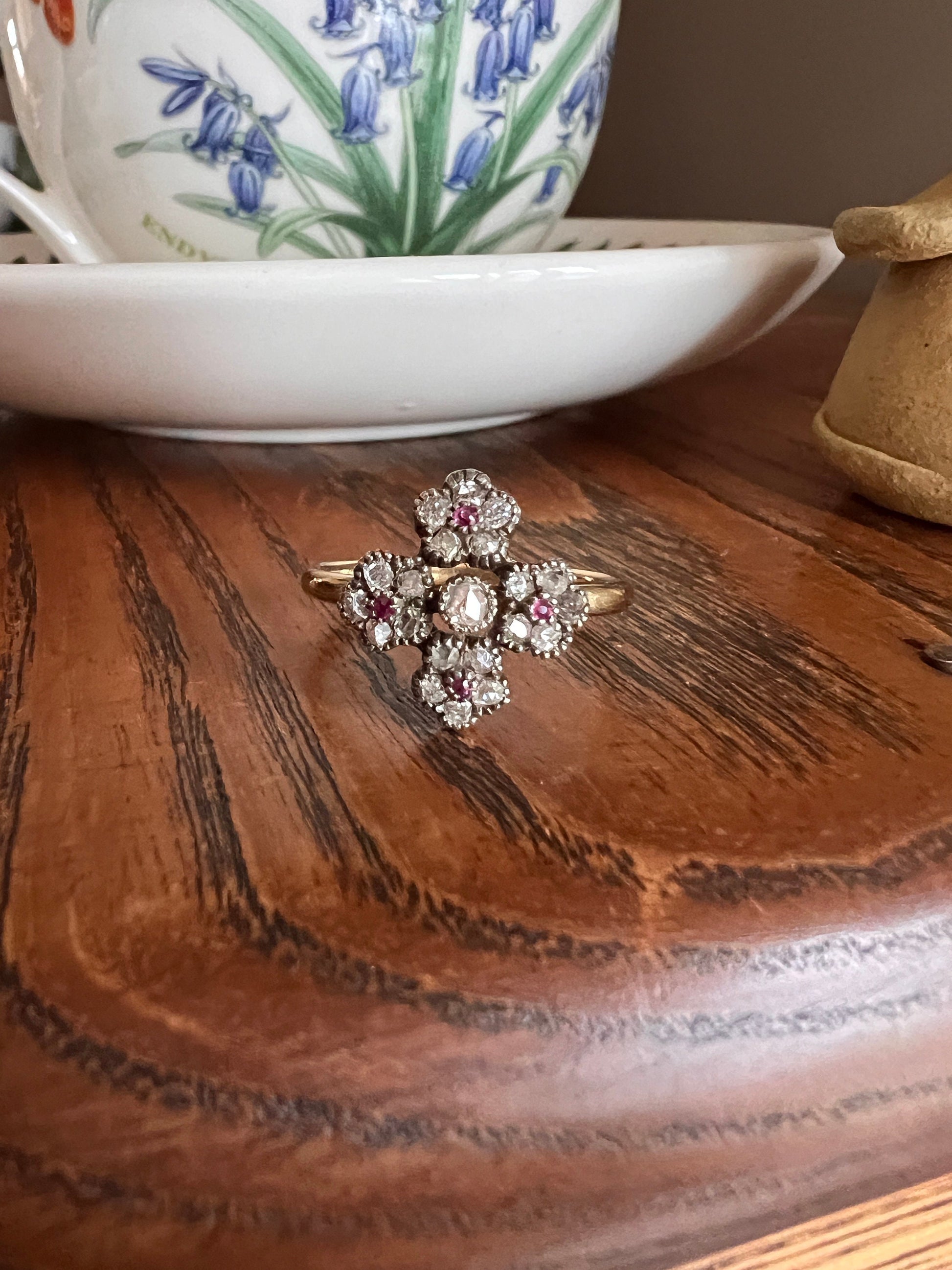Cruciform FLORAL Rose Old Mine Cut DIAMOND Encrusted Ring Ruby Center French Georgian Victorian Antique 18k Gold 3D Unique Forget Me Not OmC