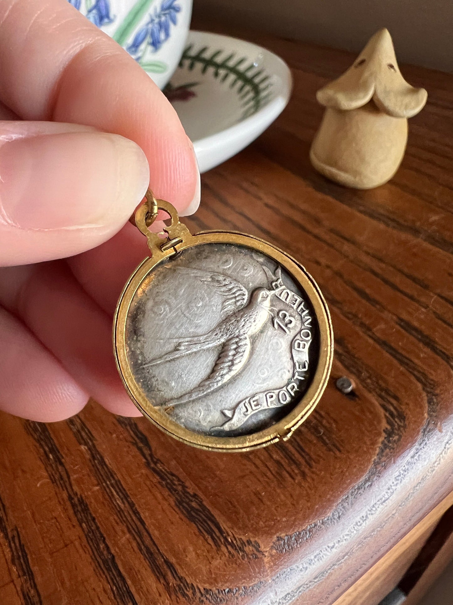 French "I BRING HAPPINESS Luck" Porte Bonheur Lucky Charm Number 13 Antique Silver Pl Brass Photo Locket Pendant Bird Swallow Romantic Gift