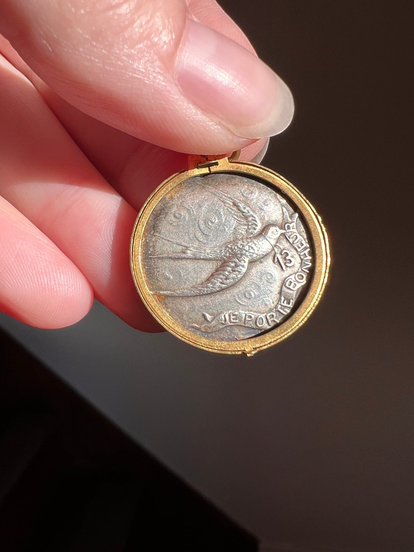 French "I BRING HAPPINESS Luck" Porte Bonheur Lucky Charm Number 13 Antique Silver Pl Brass Photo Locket Pendant Bird Swallow Romantic Gift
