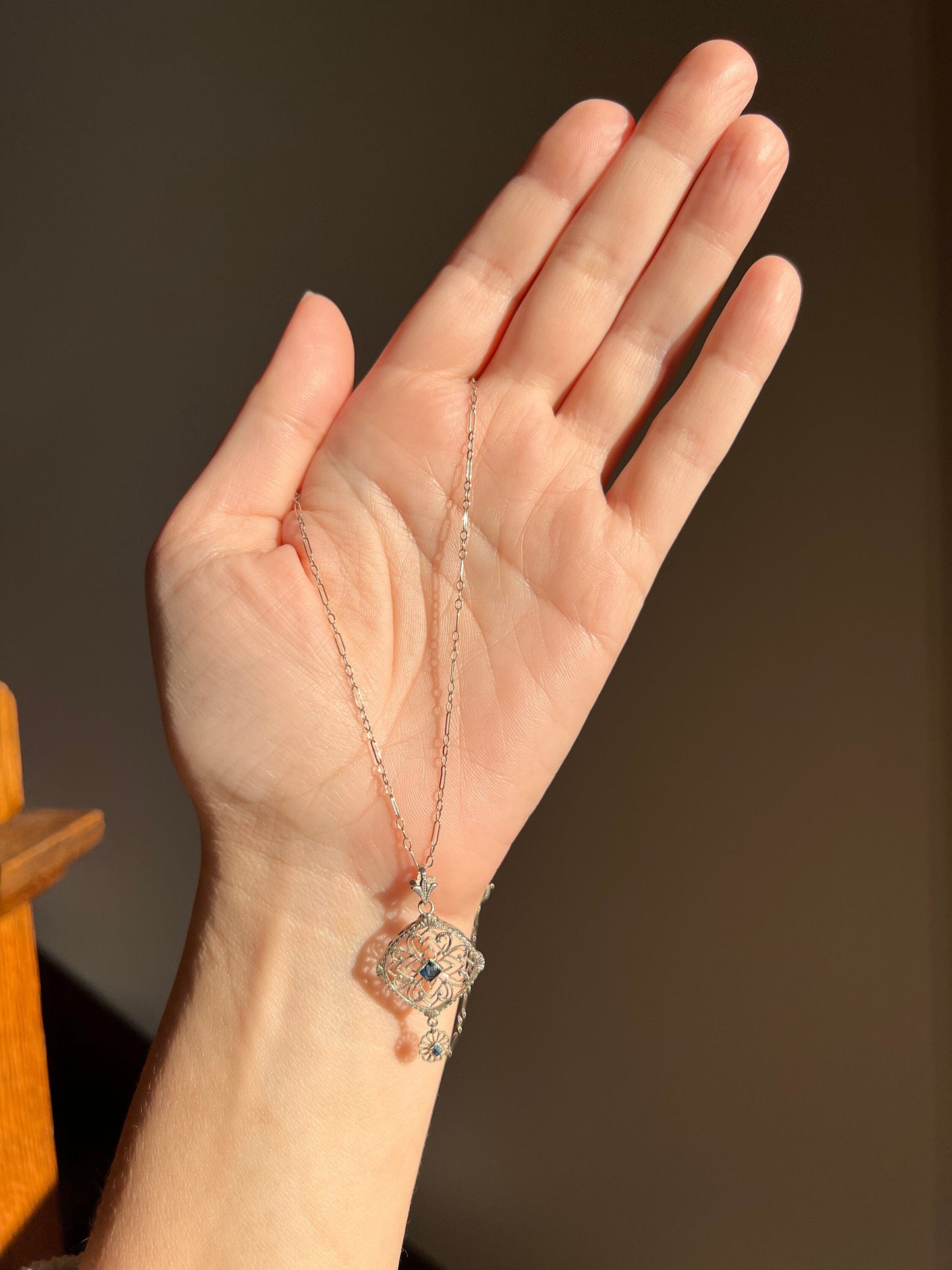 LACE Filigree Antique Art Deco Pendant on Ornate Link Chain 14k White Gold Blue Paste Faux Sapphire Dangle Romantic Gift Neckmess Neckstack