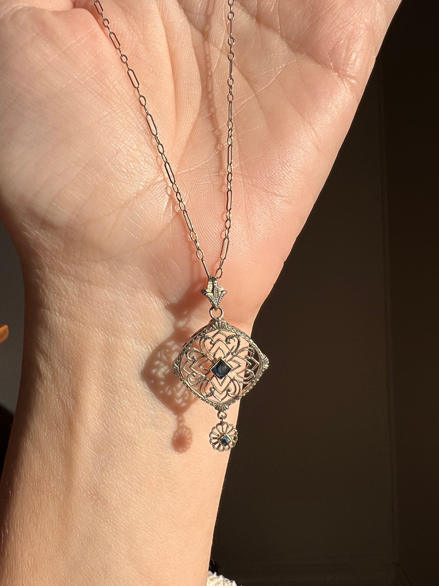 LACE Filigree Antique Art Deco Pendant on Ornate Link Chain 14k White Gold Blue Paste Faux Sapphire Dangle Romantic Gift Neckmess Neckstack