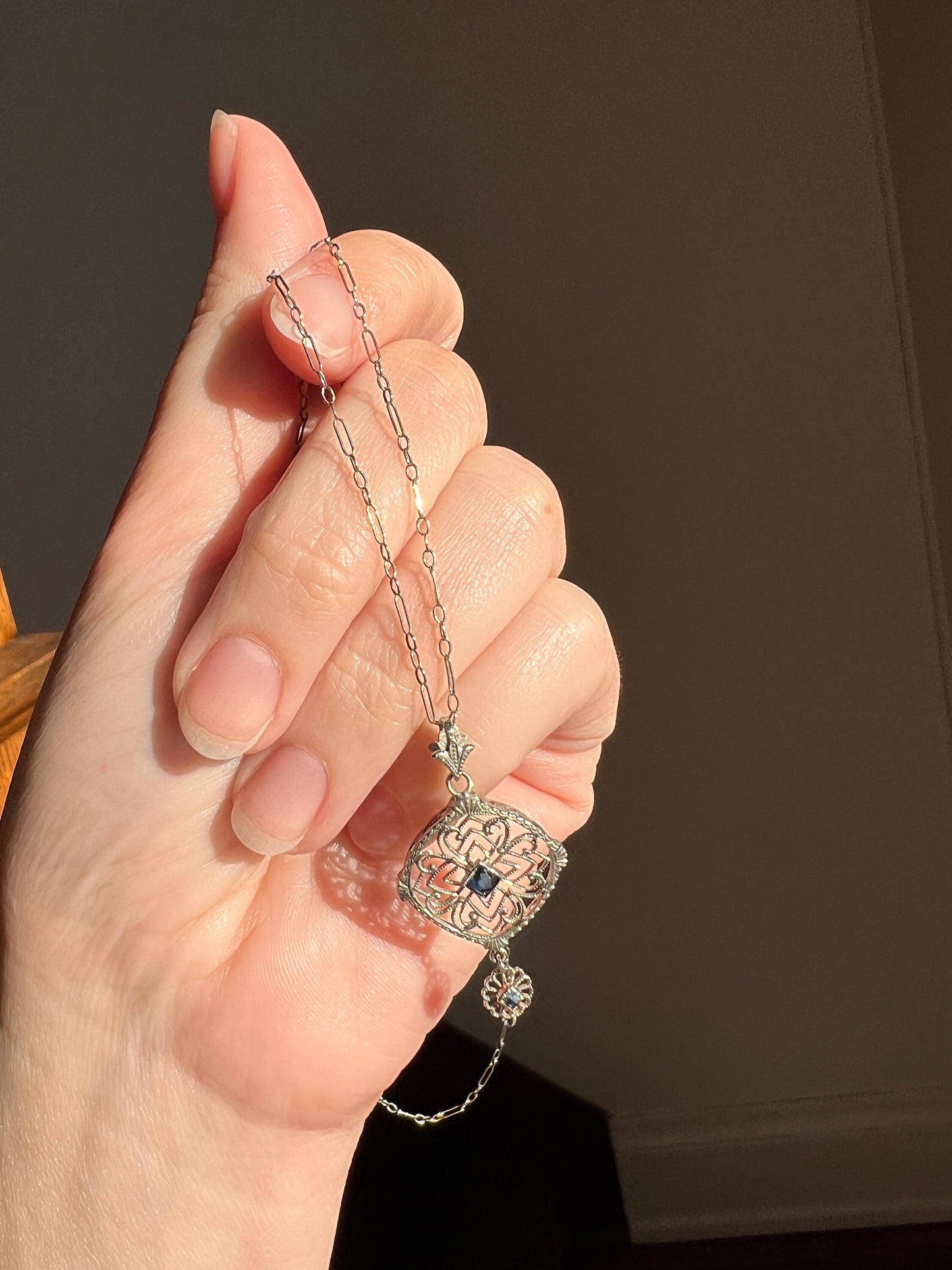 LACE Filigree Antique Art Deco Pendant on Ornate Link Chain 14k White Gold Blue Paste Faux Sapphire Dangle Romantic Gift Neckmess Neckstack