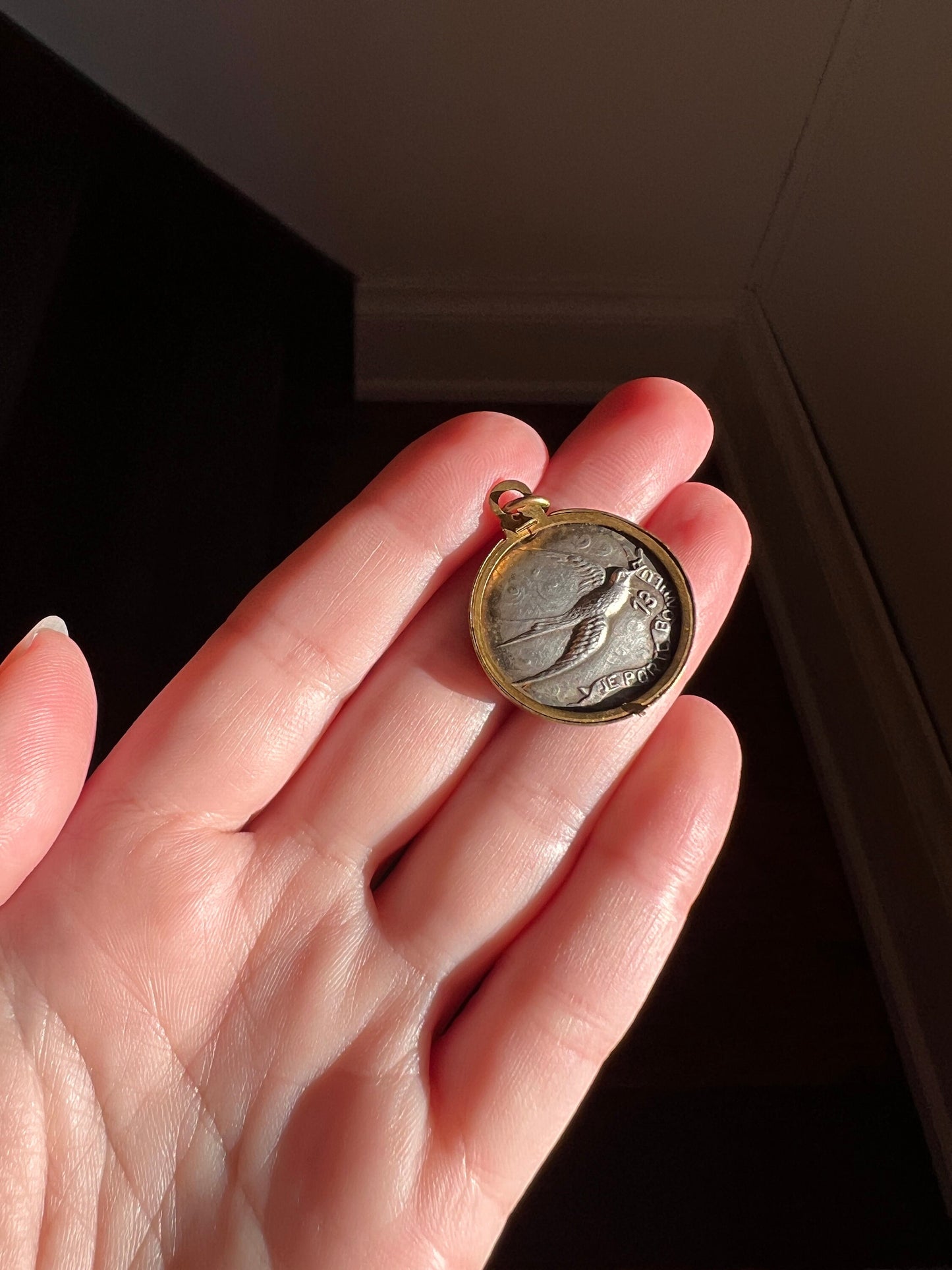 French "I BRING HAPPINESS Luck" Porte Bonheur Lucky Charm Number 13 Antique Silver Pl Brass Photo Locket Pendant Bird Swallow Romantic Gift