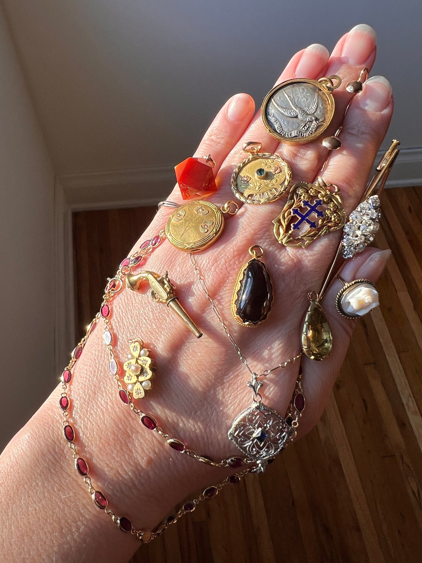 French "I BRING HAPPINESS Luck" Porte Bonheur Lucky Charm Number 13 Antique Silver Pl Brass Photo Locket Pendant Bird Swallow Romantic Gift