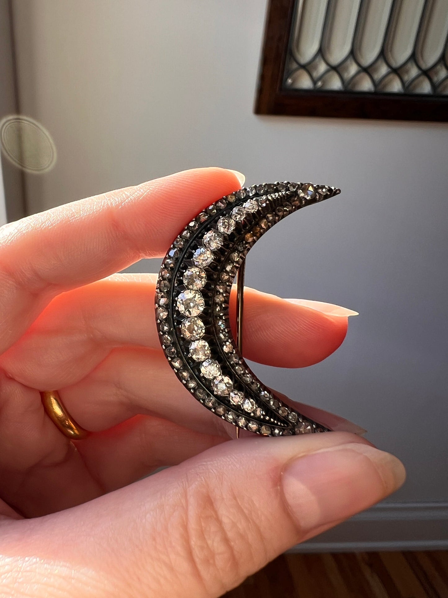 Special XL Crescent MOON 2 3/4 Carats Rose Old Mine European Cut DIAMOND Brooch Pendant French Antique 14k Rose Gold Silver Victorian Gift