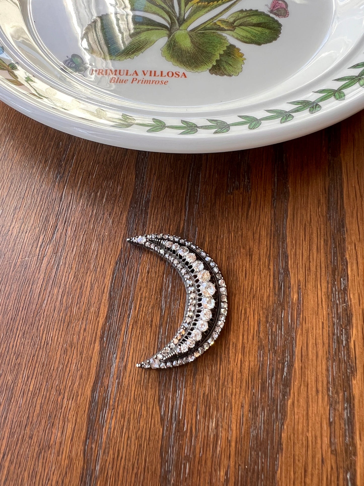 Special XL Crescent MOON 2 3/4 Carats Rose Old Mine European Cut DIAMOND Brooch Pendant French Antique 14k Rose Gold Silver Victorian Gift