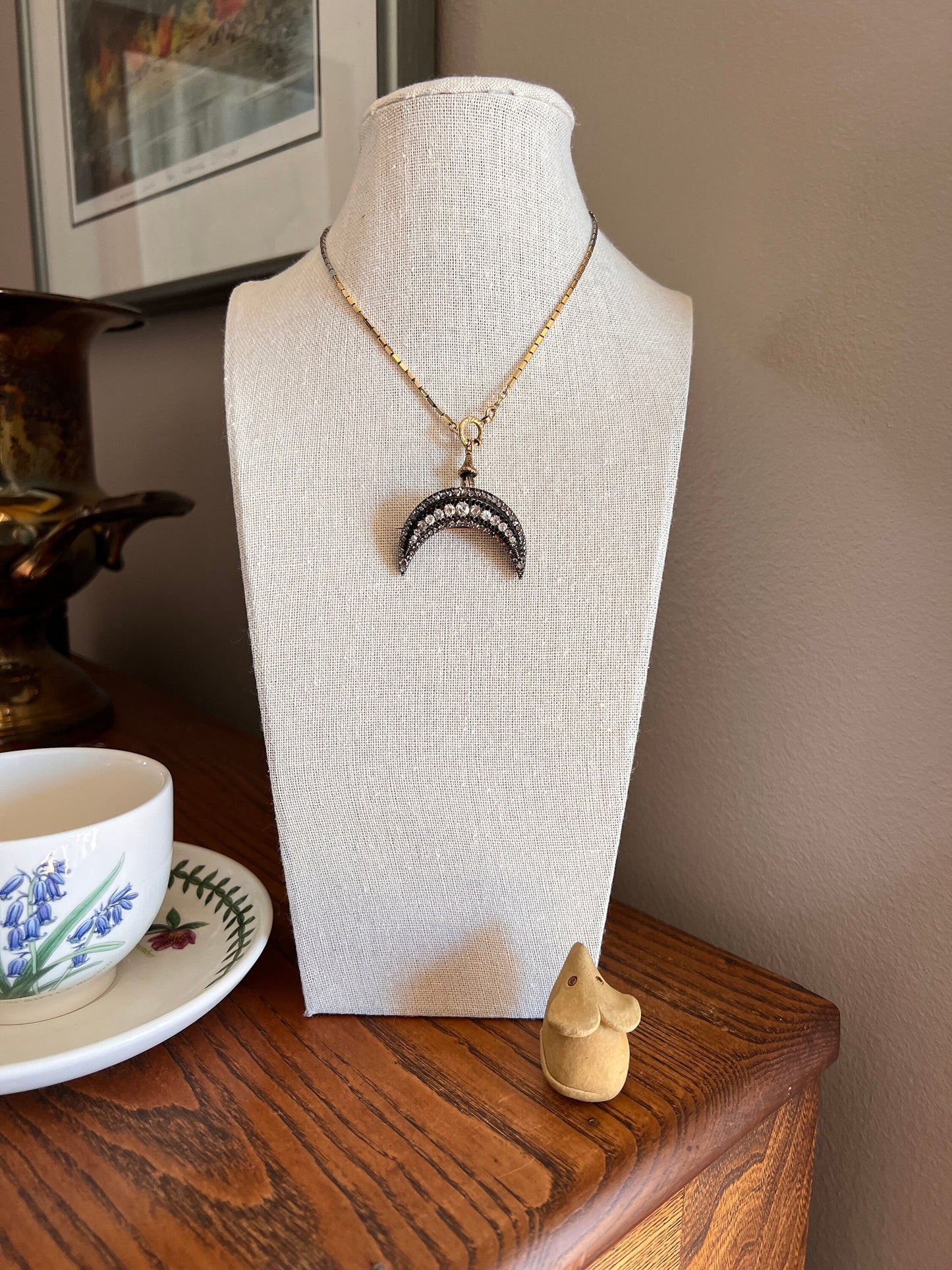 Special XL Crescent MOON 2 3/4 Carats Rose Old Mine European Cut DIAMOND Brooch Pendant French Antique 14k Rose Gold Silver Victorian Gift