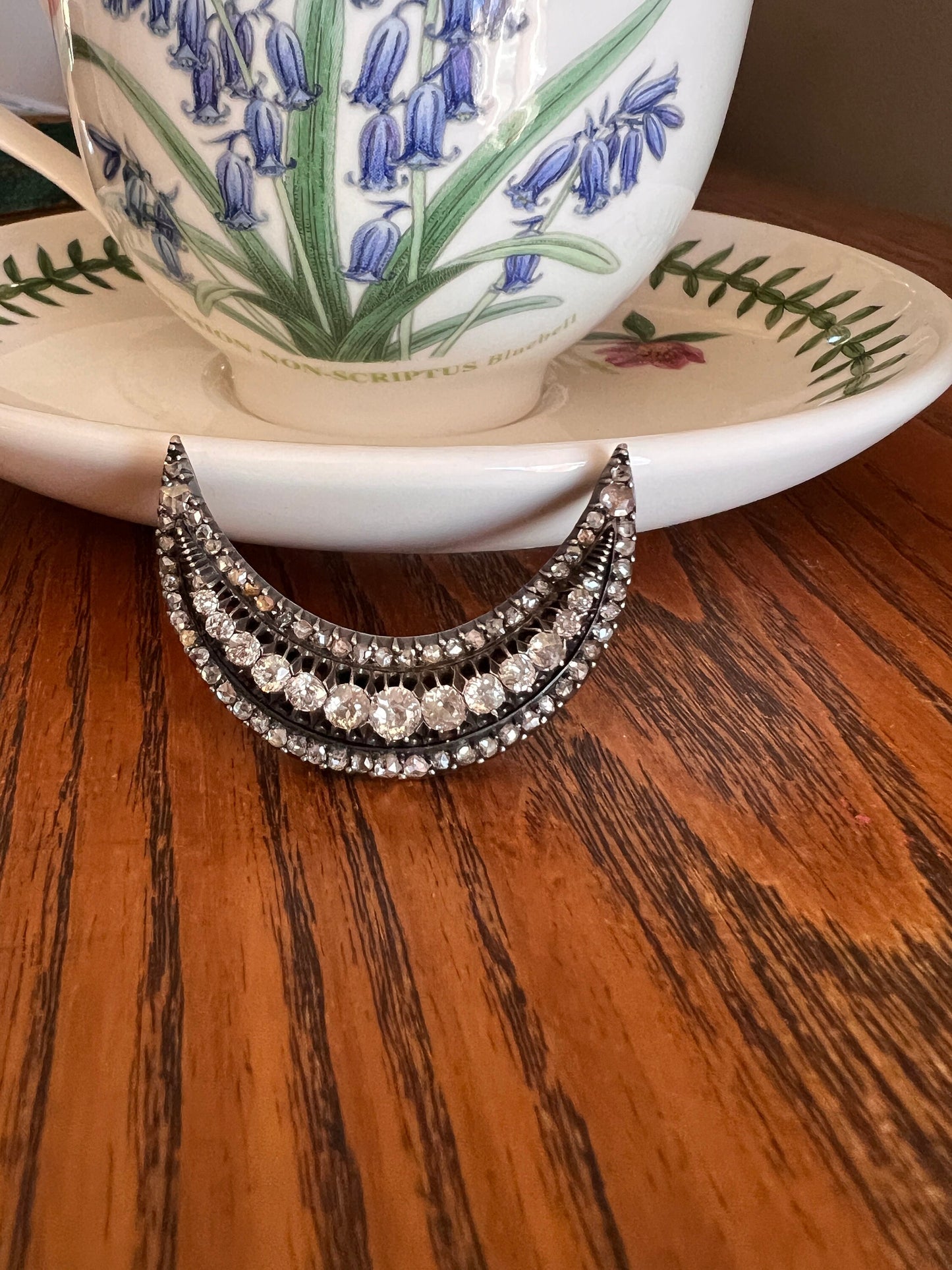 Special XL Crescent MOON 2 3/4 Carats Rose Old Mine European Cut DIAMOND Brooch Pendant French Antique 14k Rose Gold Silver Victorian Gift