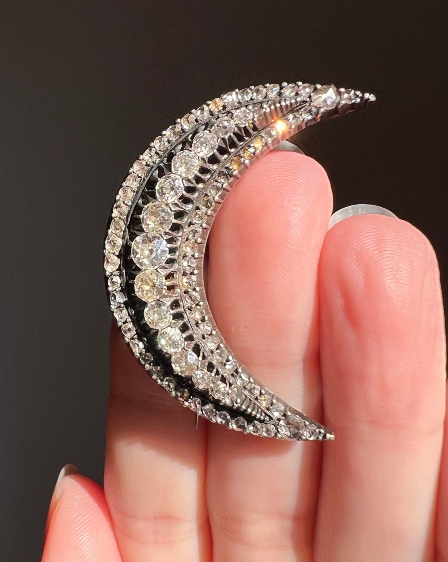 Special XL Crescent MOON 2 3/4 Carats Rose Old Mine European Cut DIAMOND Brooch Pendant French Antique 14k Rose Gold Silver Victorian Gift