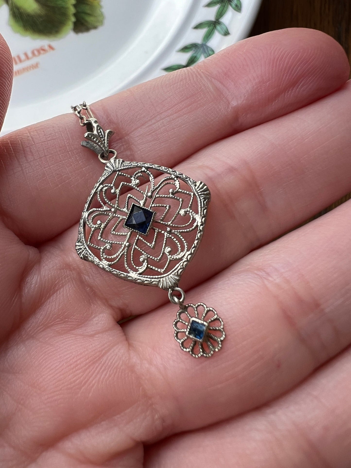LACE Filigree Antique Art Deco Pendant on Ornate Link Chain 14k White Gold Blue Paste Faux Sapphire Dangle Romantic Gift Neckmess Neckstack