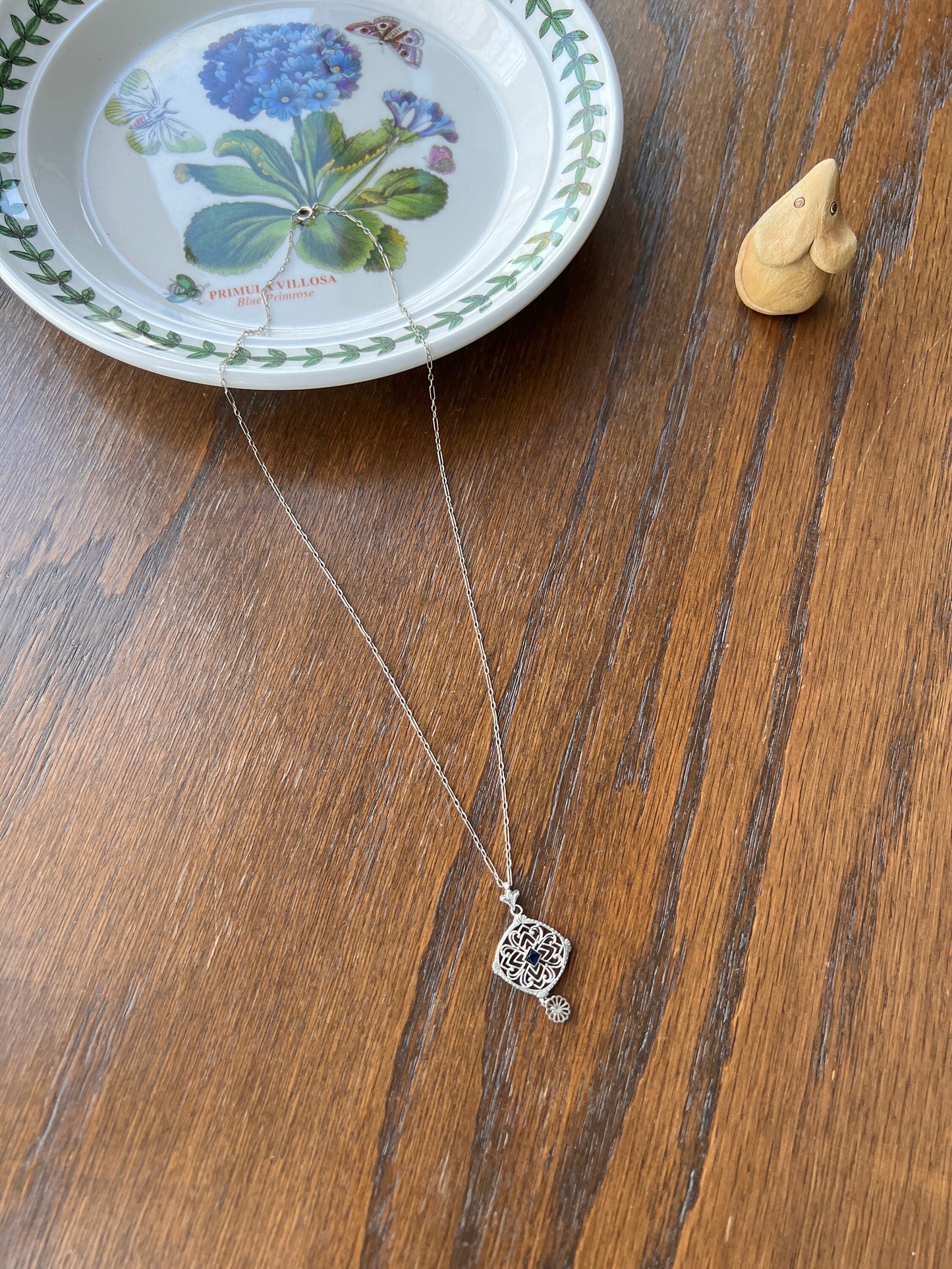 LACE Filigree Antique Art Deco Pendant on Ornate Link Chain 14k White Gold Blue Paste Faux Sapphire Dangle Romantic Gift Neckmess Neckstack