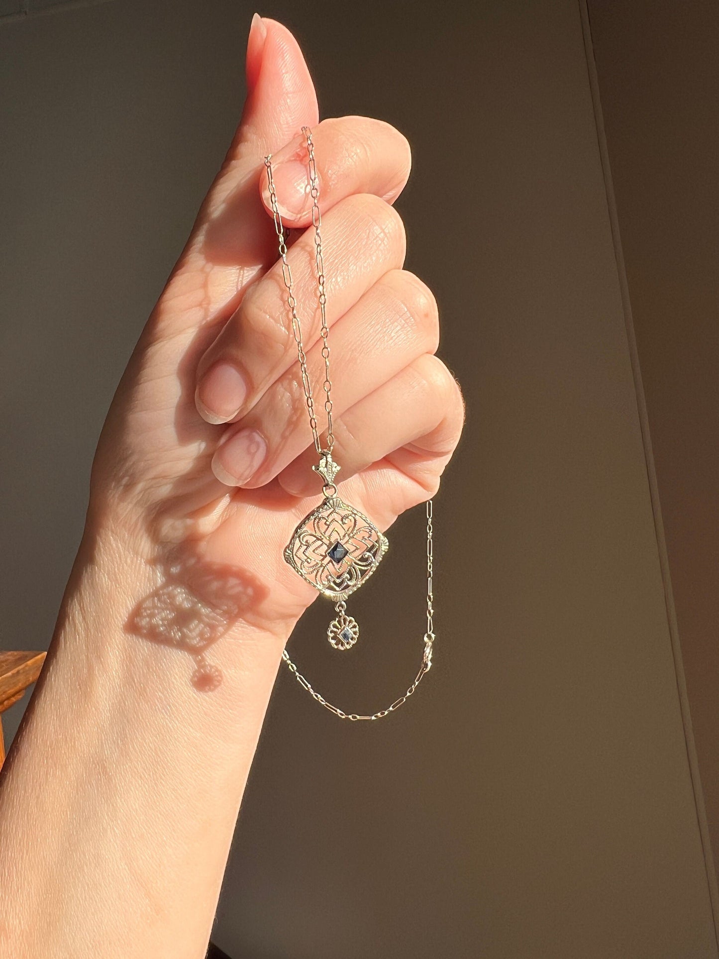 LACE Filigree Antique Art Deco Pendant on Ornate Link Chain 14k White Gold Blue Paste Faux Sapphire Dangle Romantic Gift Neckmess Neckstack