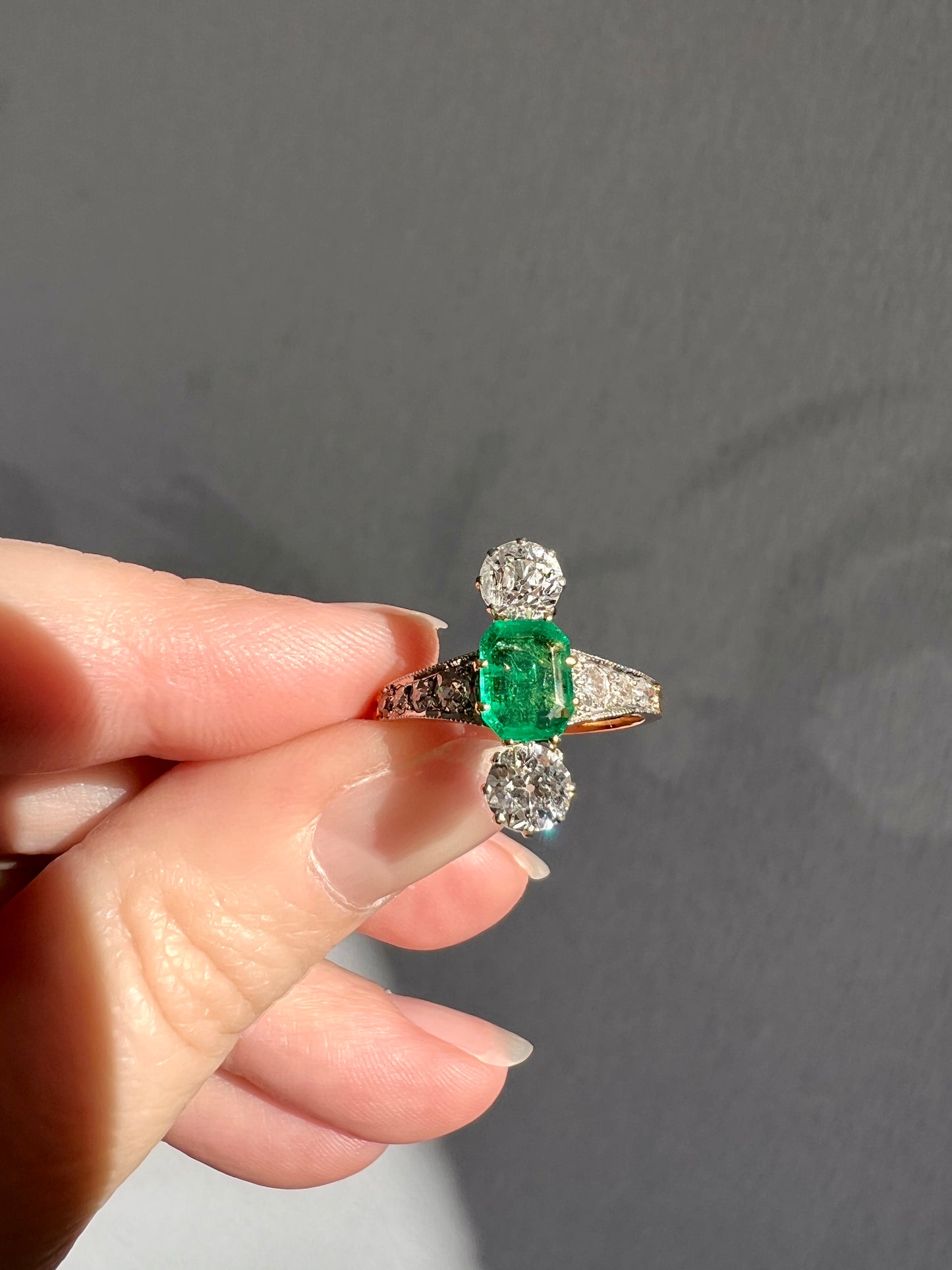 Antique Old Octagon Cut EMERALD 1.5 Carat Old Mine Cut Diamond Line Ring Edwardian Stacker Gift French 18k Gold Platinum Old Step Cut Octagonal