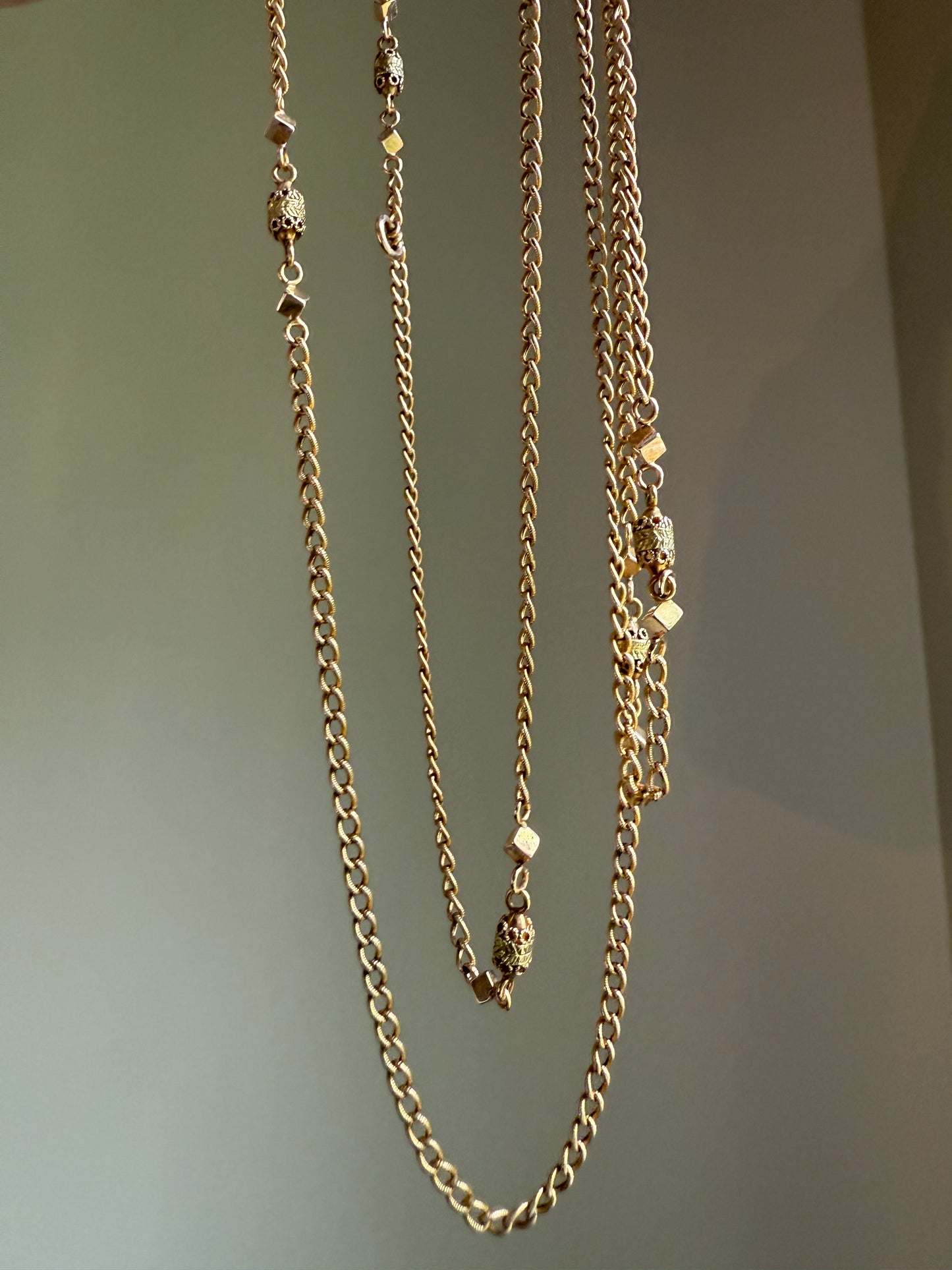 CUBE & Tricolor Oval French VICTORIAN Green 18k Gold 11.2g Extra Long Guard Cable Link Muff Double Chain Necklace Pendant Holder Bracelet