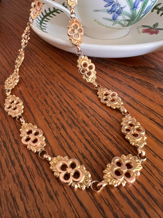 Rare GEORGIAN Era FLORAL Fancy Link Necklace 12mm Book Chain 18k Gold Napoleon Bonaparte Dated Hallmark c1820s 16.25" Long