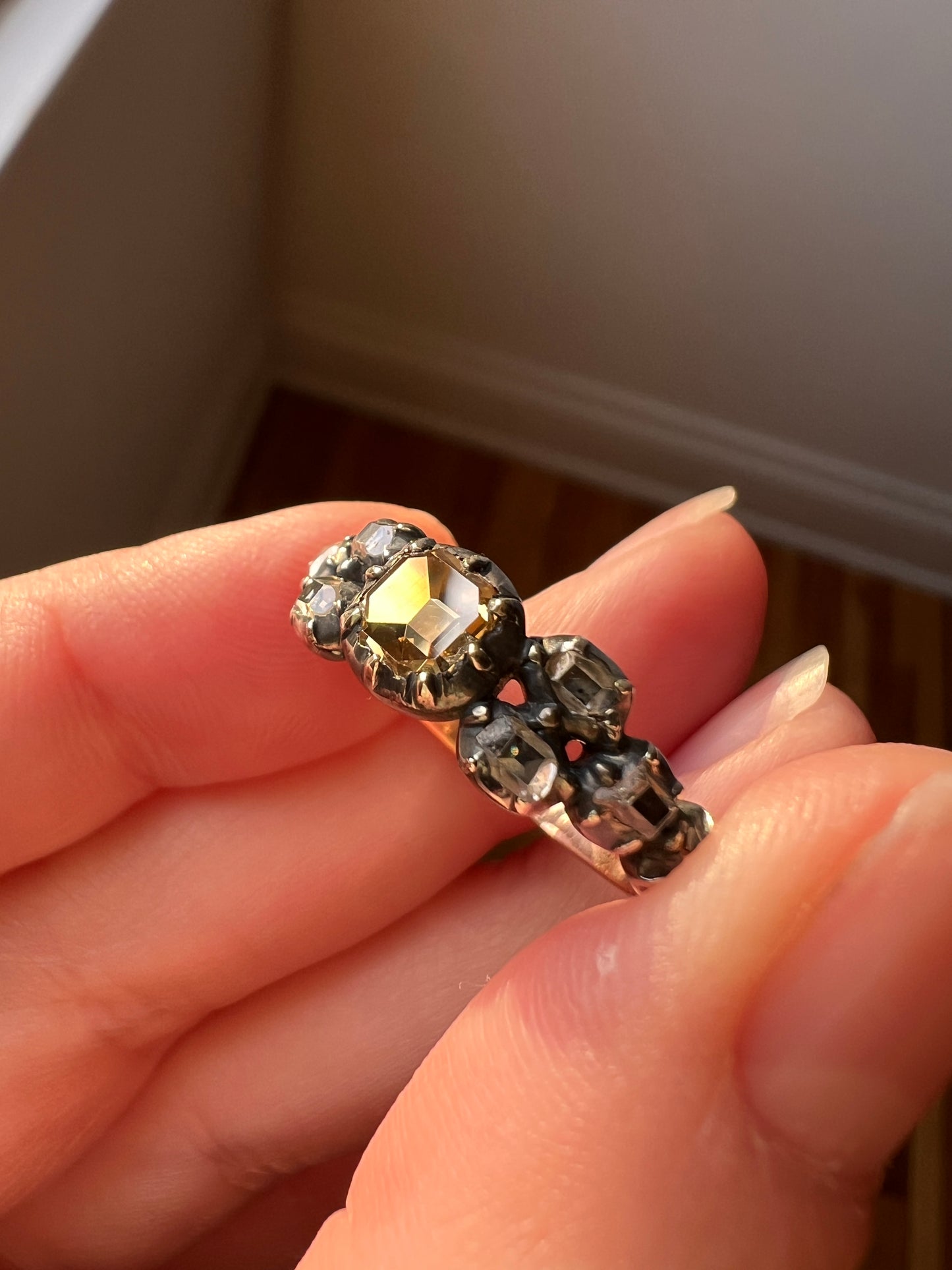 Rare YELLOW & Colorless Old Table Cut DIAMOND Nine Stone Band Antique Georgian Ring 18k Rose Gold Silver