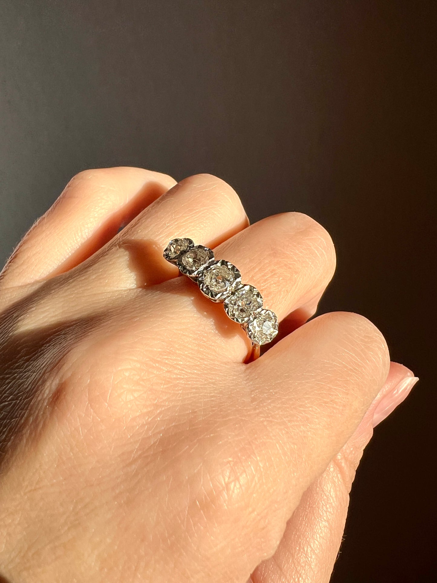 Antique 1.2 Carat Old Mine Cut DIAMOND 18k Gold Platinum Five Stone Ring Tall Band Splayed Stacker Blush Sunburst