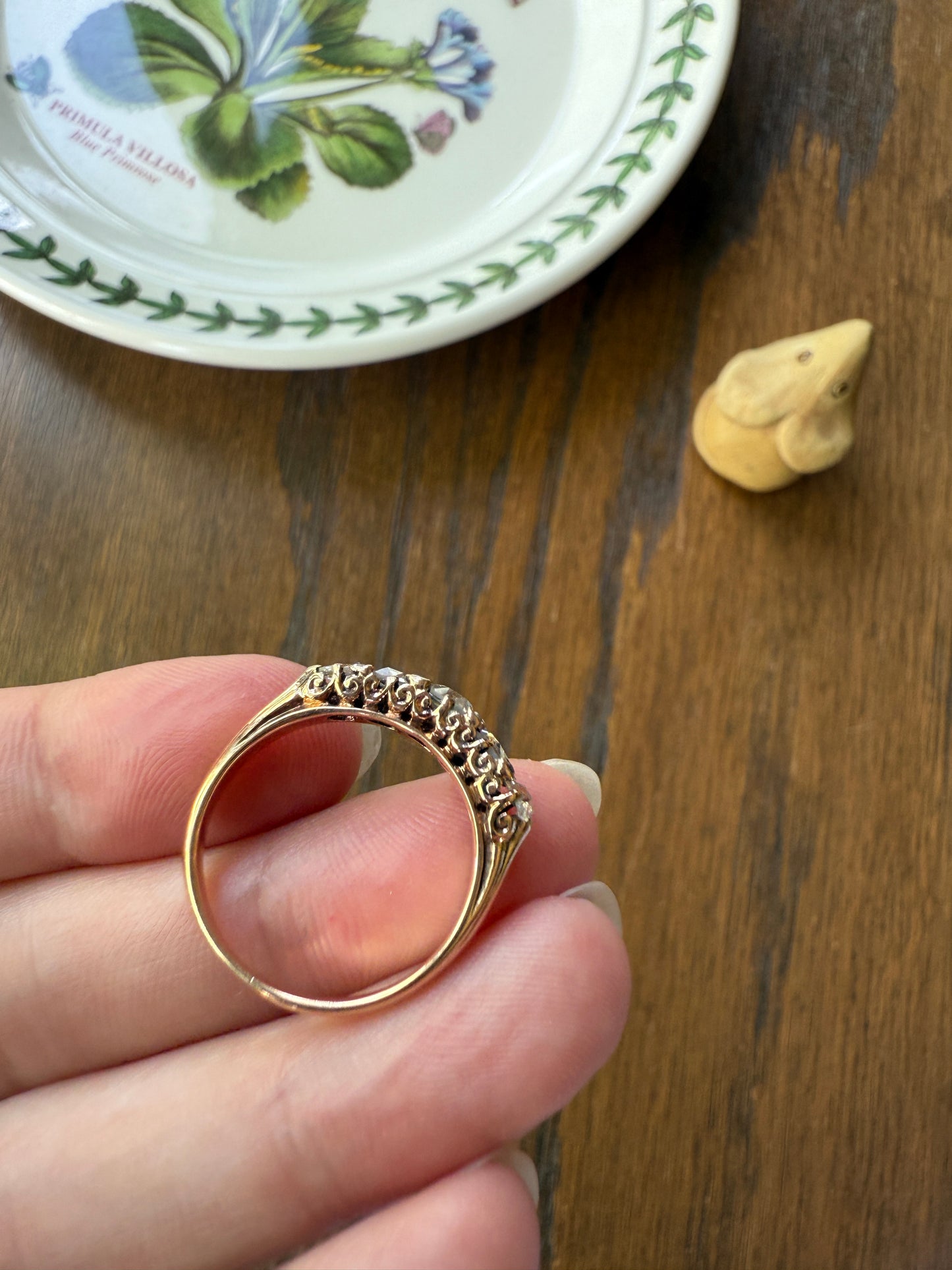 ANTIQUE Rose Cut DIAMOND Five Stone Band with Spacers Disco Ball Stacker Ring 14k Gold
