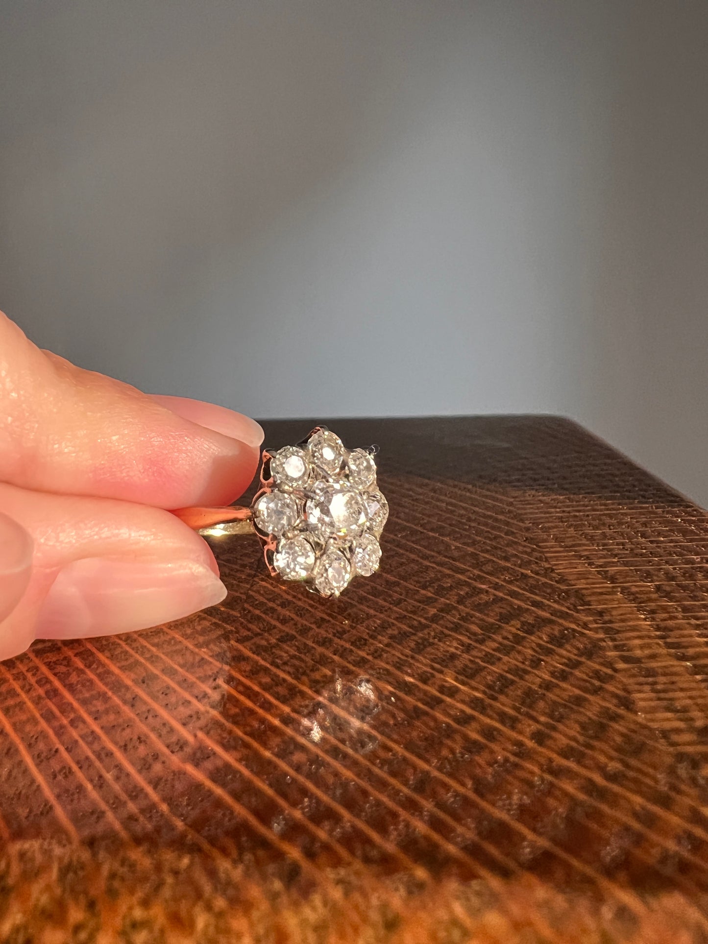 French Antique 2 Carat Old Mine Cut DIAMOND Ring 18k Gold 2Ctw Halo Cluster Stacker Romantic Gift Daisy Engagement