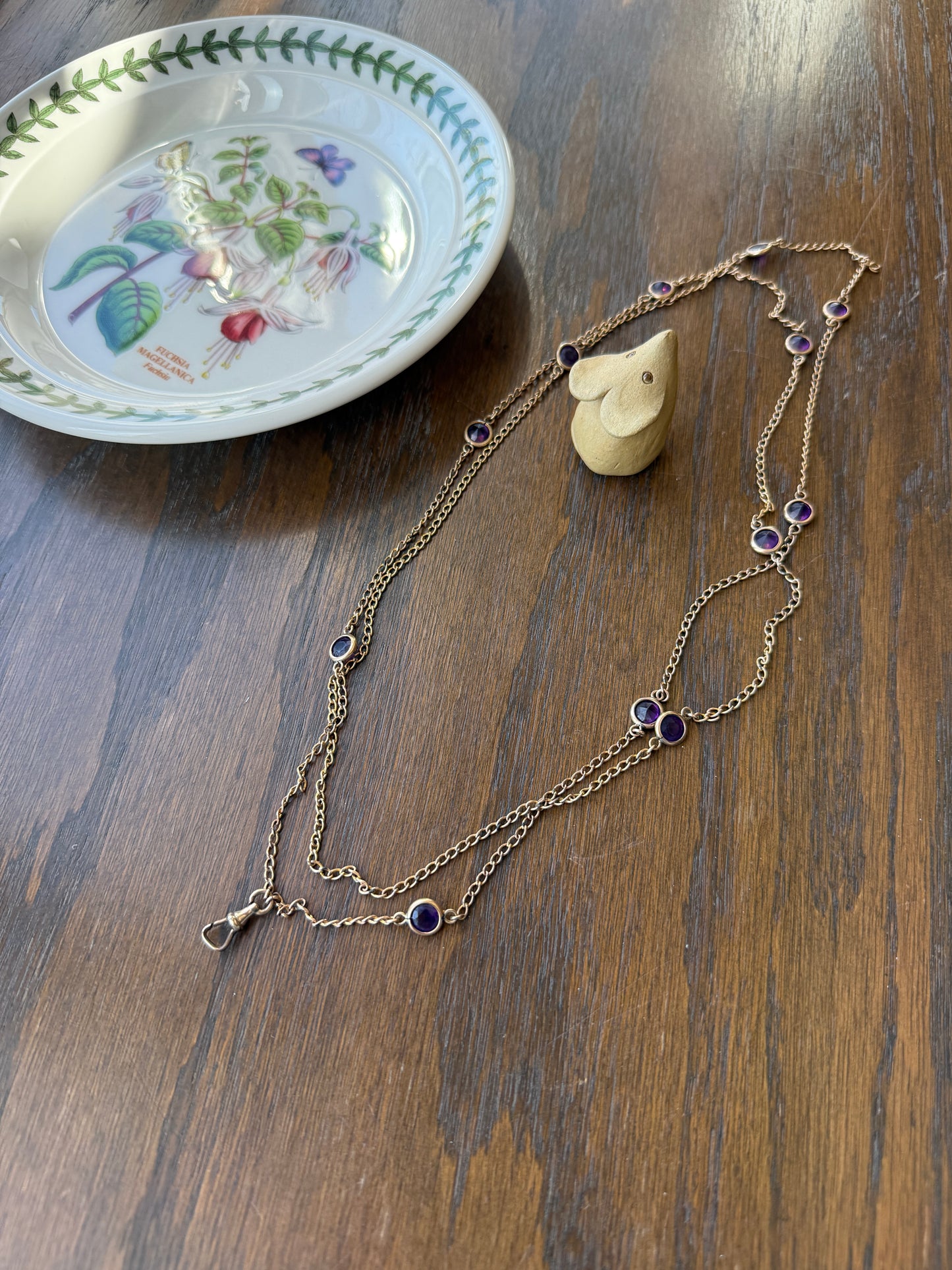 Antique Rosy Gold Filled Long Guard Muff Pocket Watch Station Body Chain Faux Amethyst Purple Paste X-Long Dog Clip 17.8g 46" Linear Length