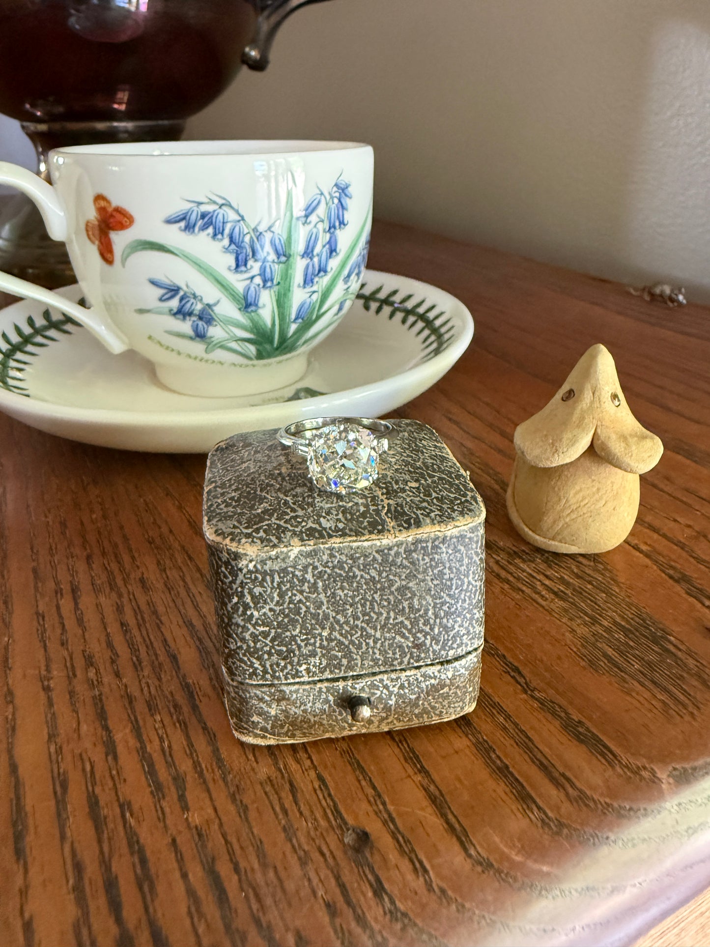 Chunky Vintage Four Carat Eye Clean Old Mine Cut Diamond Solitaire Engagement Ring French 18k White Gold Platinum Art Deco Baguette Tall OMC