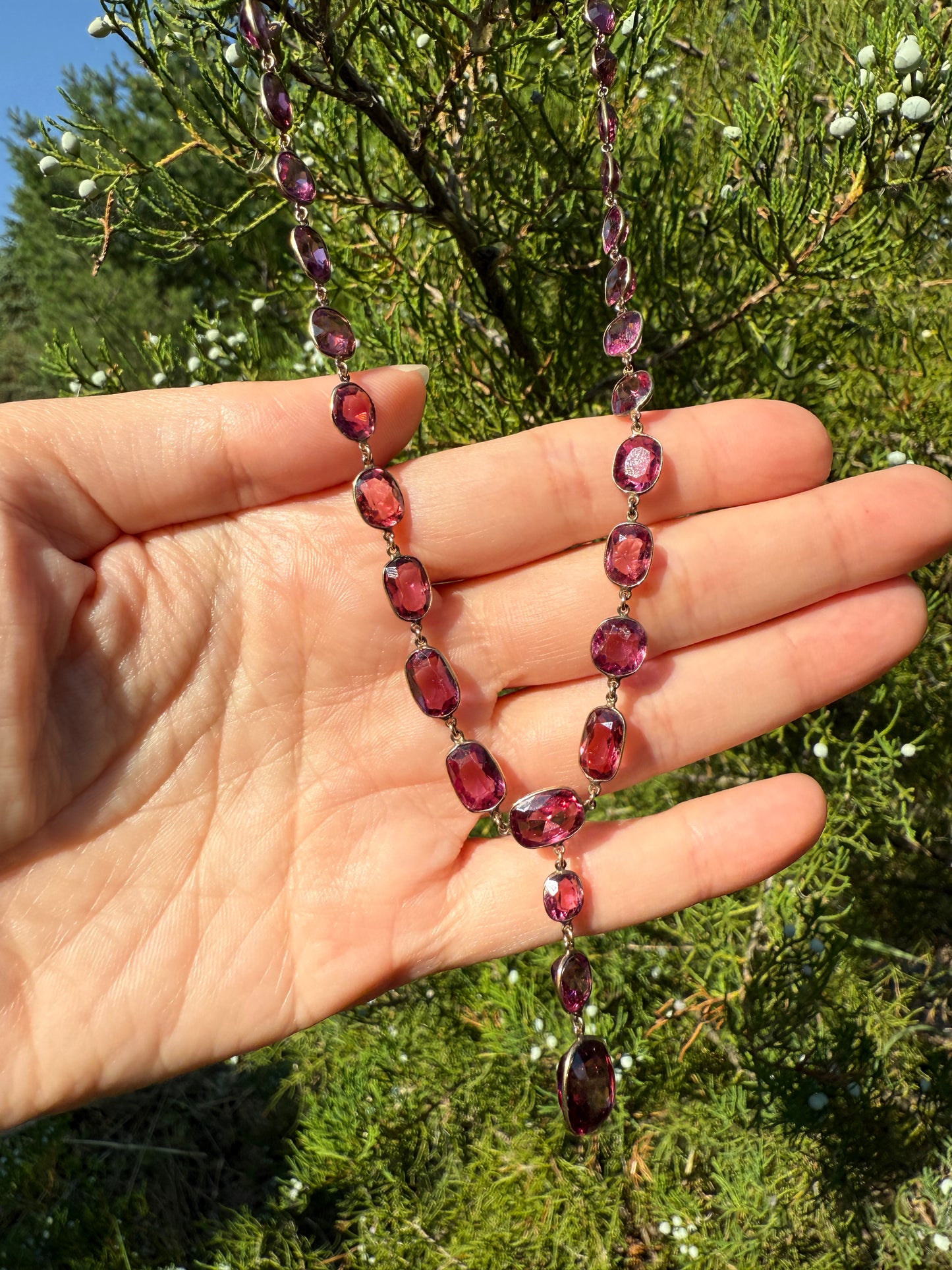 Antique 36 GARNET Riviera Station Chain 10k GOLD Berry Purple Pink Chunky Lariat Y Necklace Collar