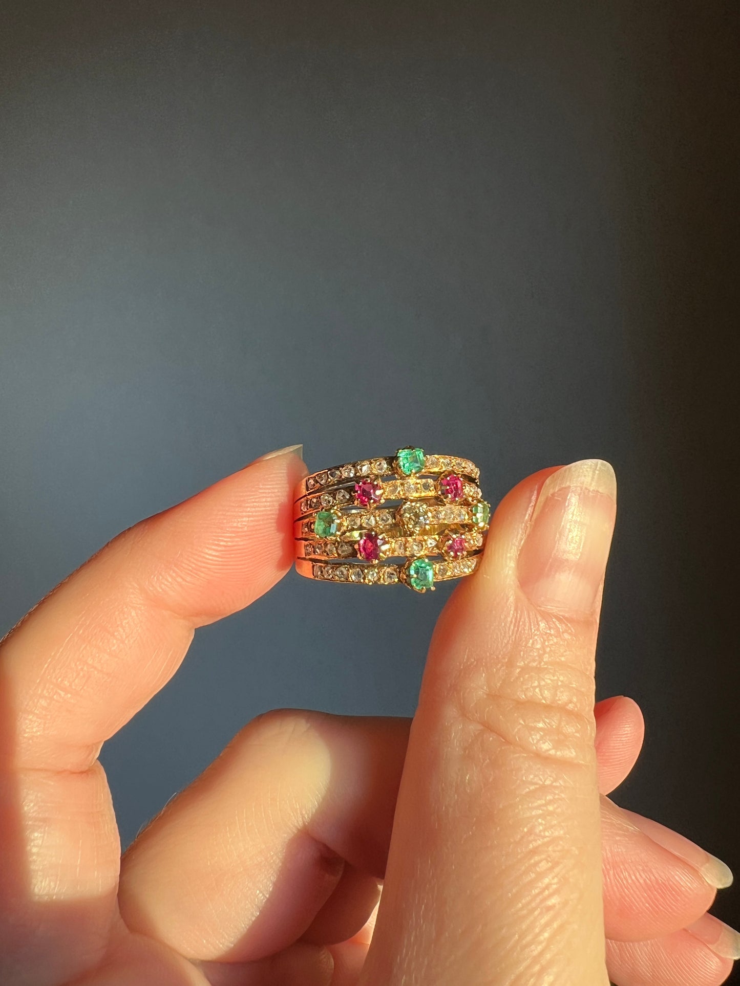 Antique Rose & Old Mine Cut Diamond Old Cut Natural RUBY Emerald Multi Band Ring Harem Victorian French 18k Gold