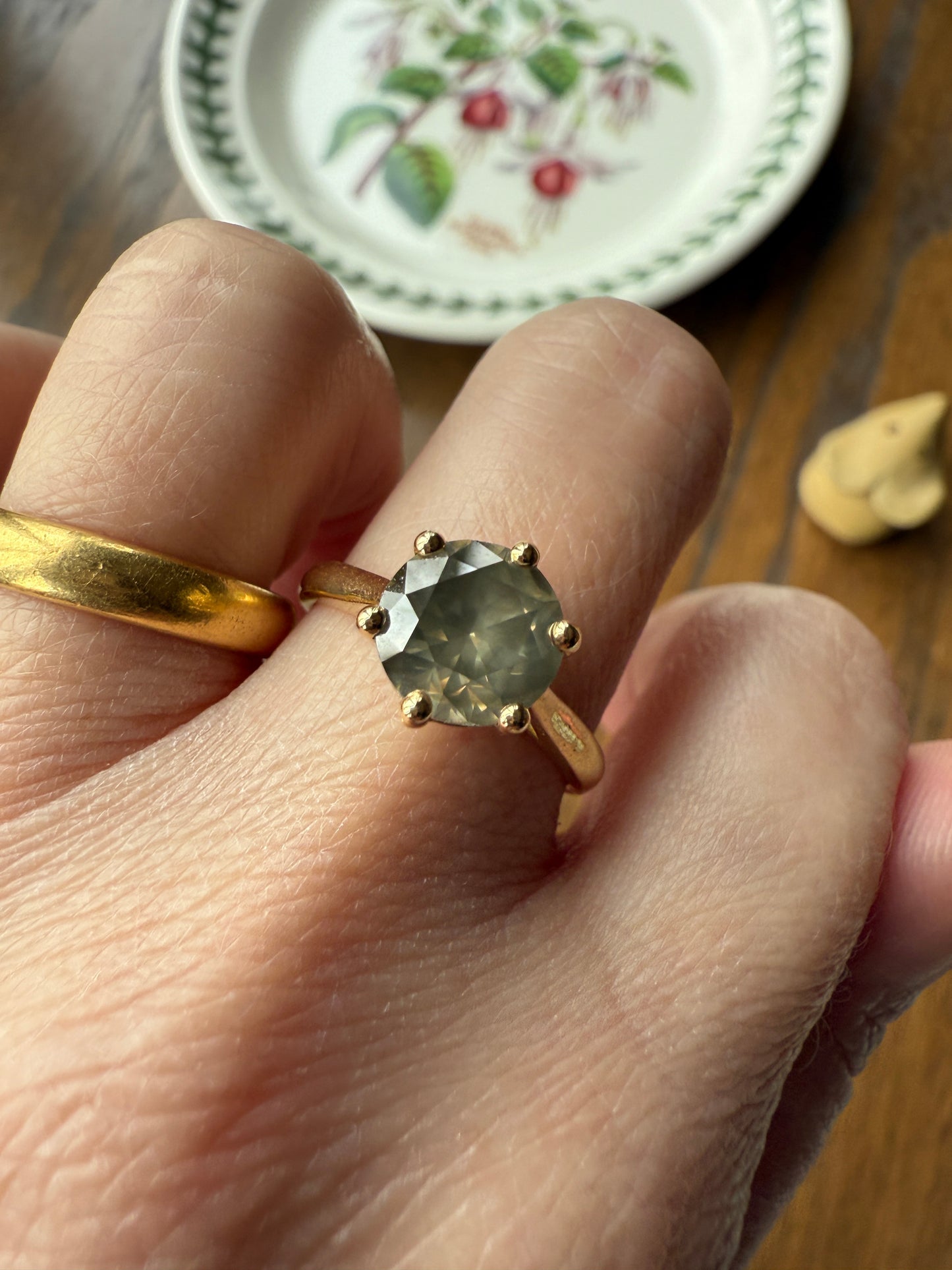 Fancy Intense Yellowish Gray Natural Diamond 2.4 Carat Solitaire Ring Smoky Inner Glow Aura French Vintage 18k Gold Unique Engagement Ooak