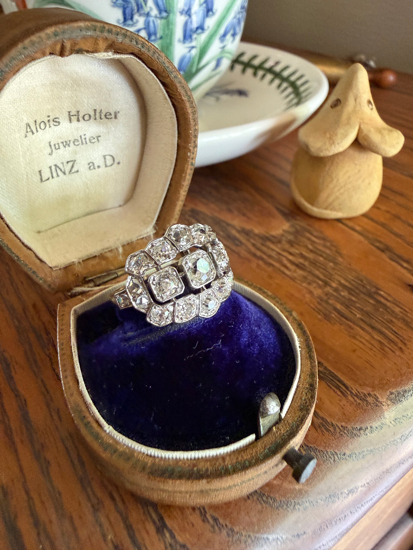 Ornate Art Deco 1.5 Carat Rose & Old Mine Cut Diamond Cluster Ring 18k White Gold Platinum East West Wide Three Stone Halo Cocktail Stacker