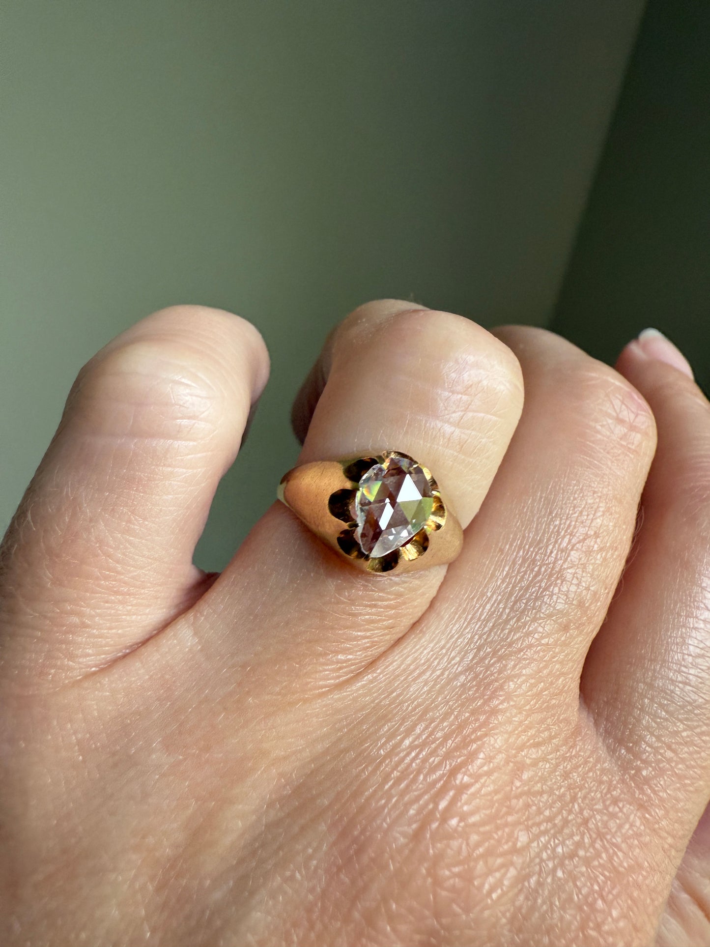 Special PEAR Open Back Rose Cut DIAMOND Original Antique Solitiare 18k Gold Buttercup Belcher Glowing Setting