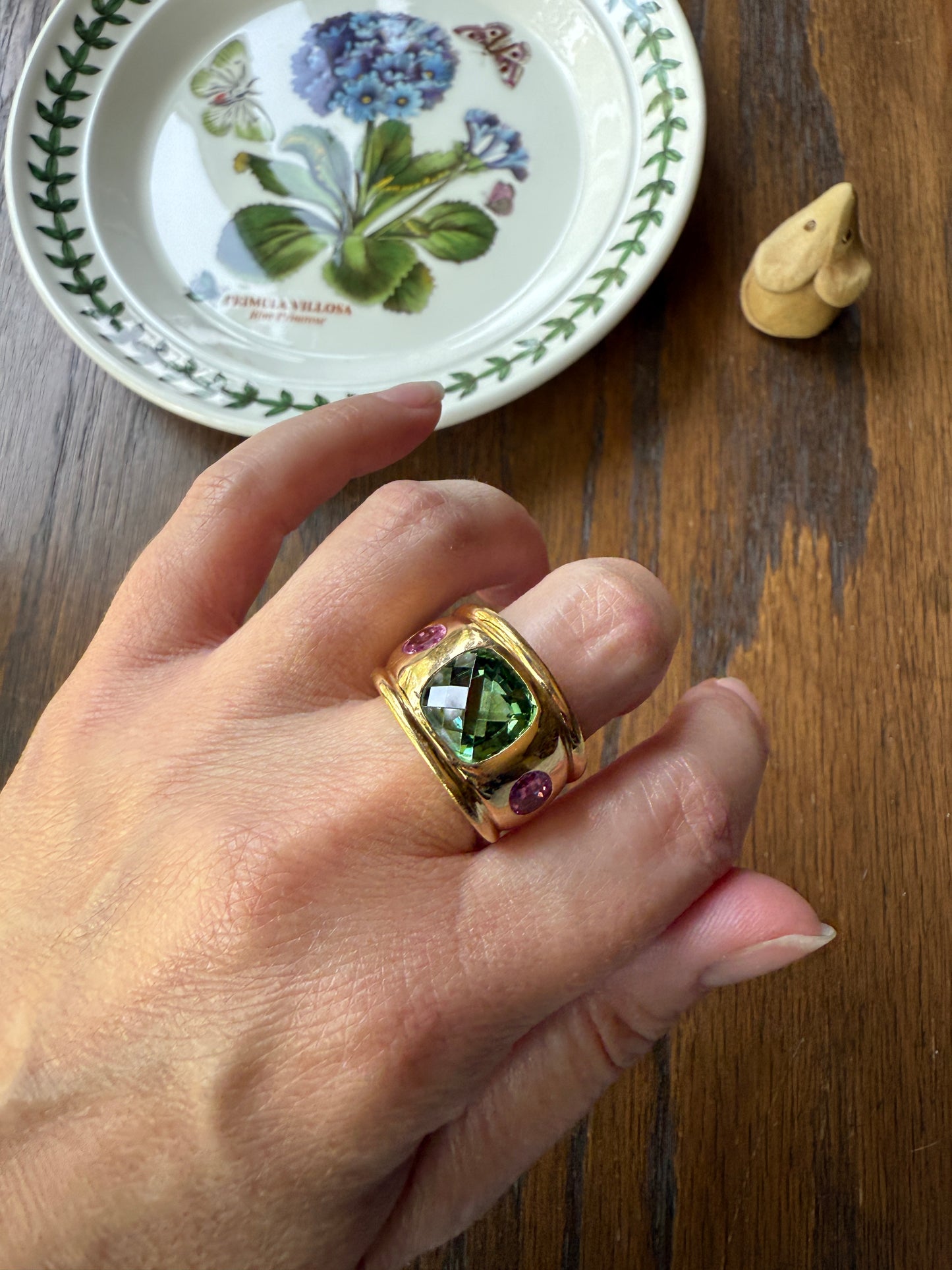 MEGA Green Tourmaline & Pink Sapphire Three Stone Ring HEAVY 20g 18k Gold Solid French Vintage Chunky Stacker Discoball Wide Band Color