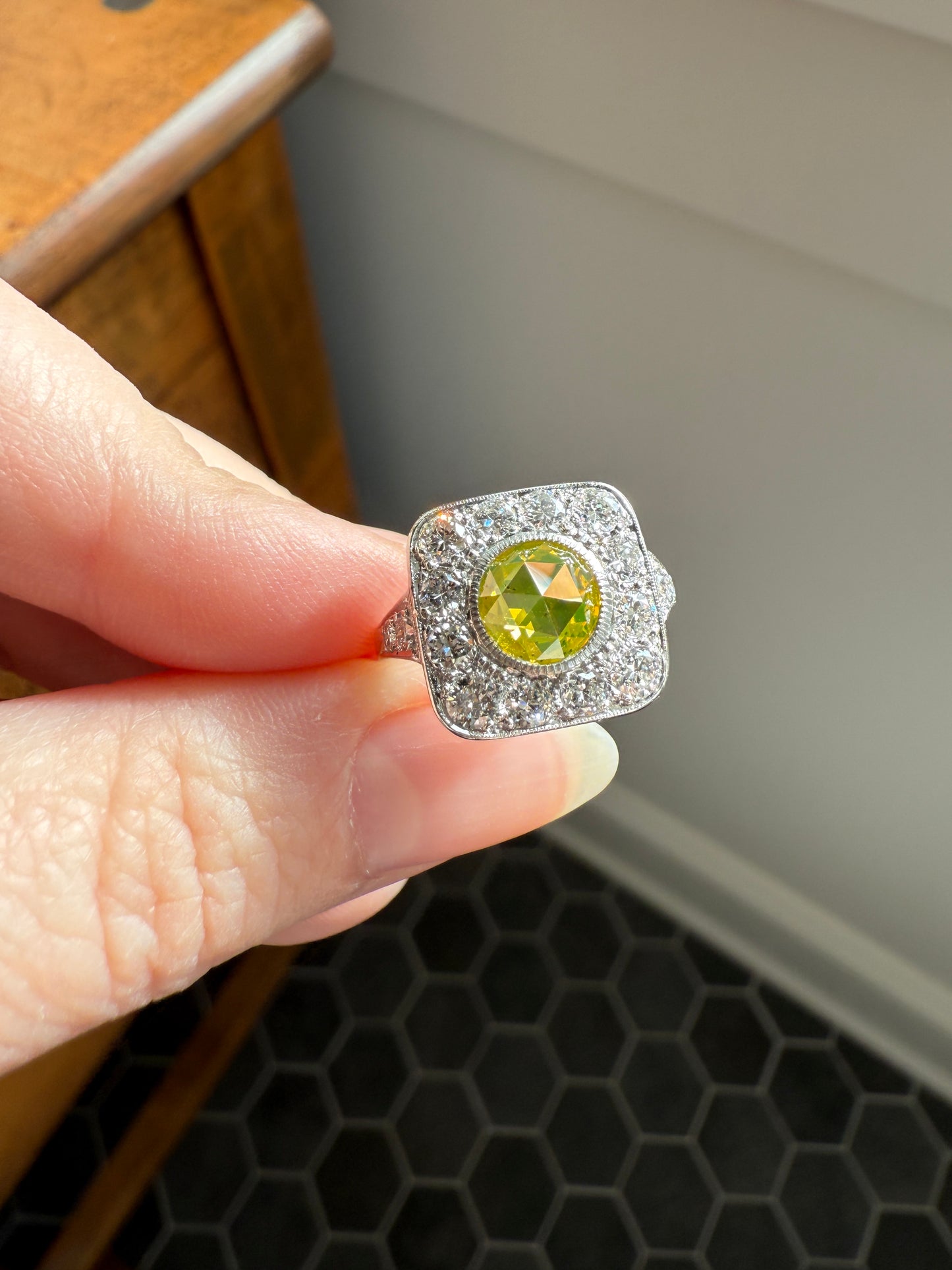 Vintage .8 Carat Fancy Greenish Yellow Natural ROSE CUT Diamond 1.8 Ctw Transitional Cut Boxed Cobblestone Panel Ring Platinum Lemon Lime