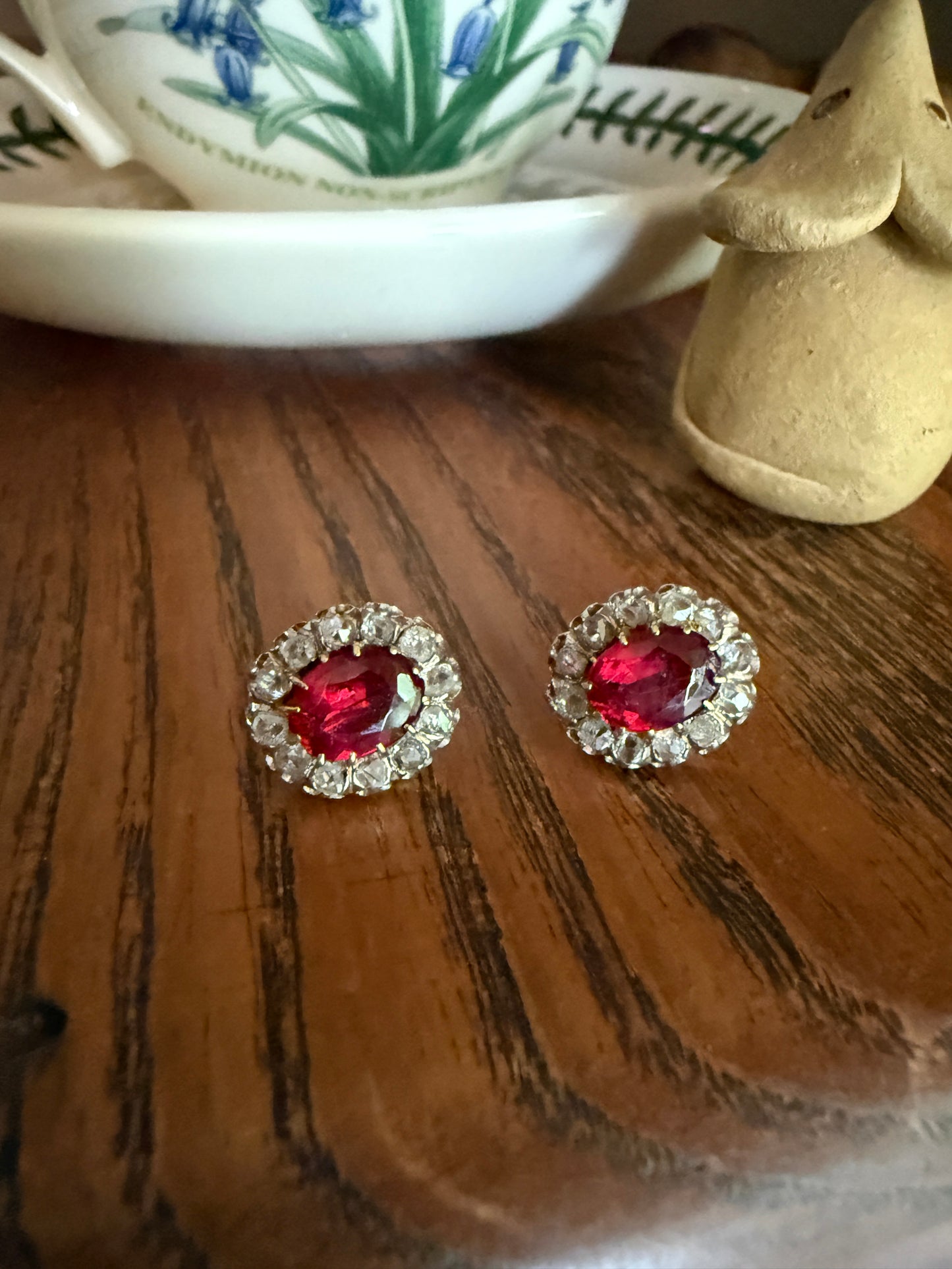 French Antique 18k Gold Red Paste Halo Rose Cut Diamond Earrings Victorian Faux Ruby Garnet Studs